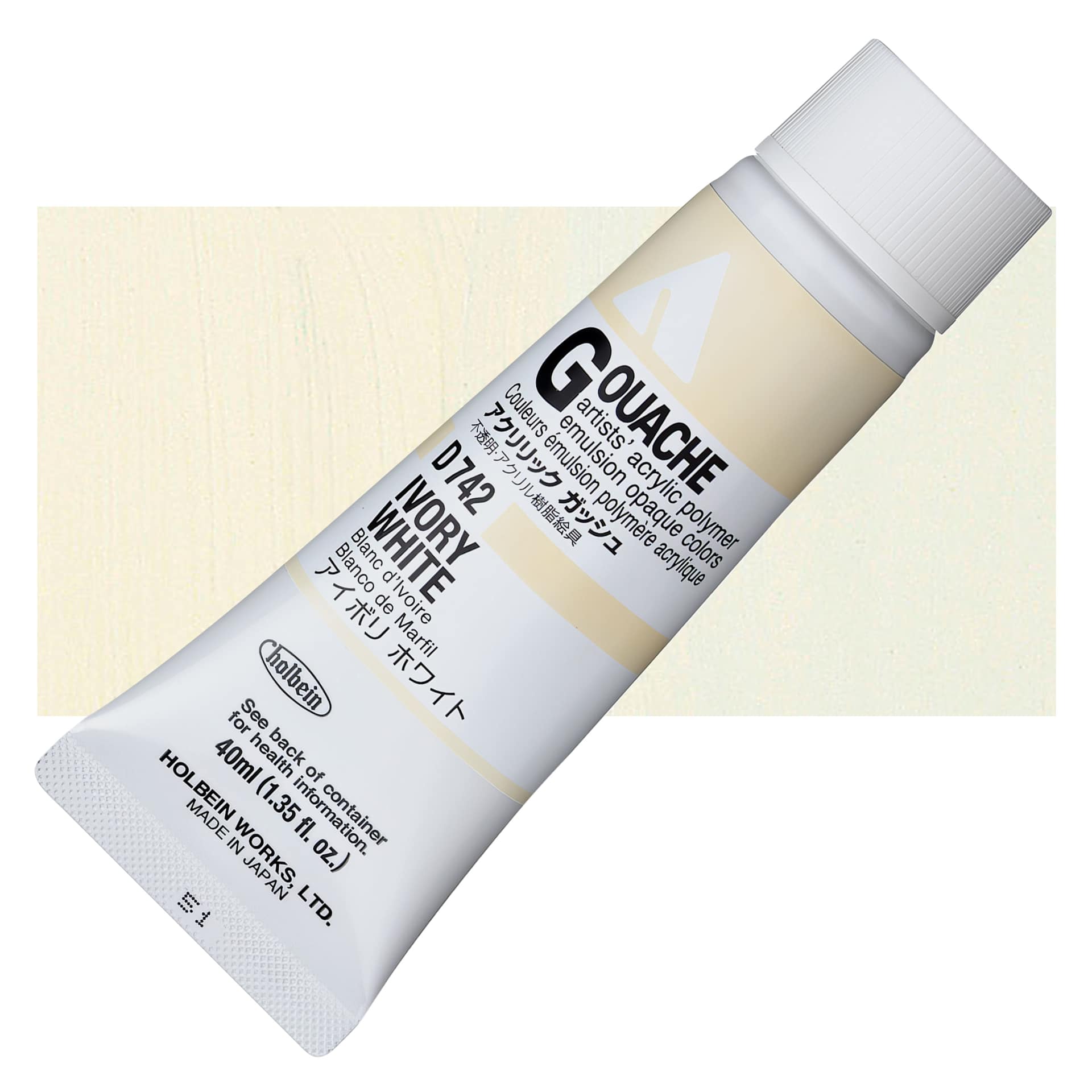 Holbein Acrylic Gouache - Ivory White, 40 ml tube and swatch