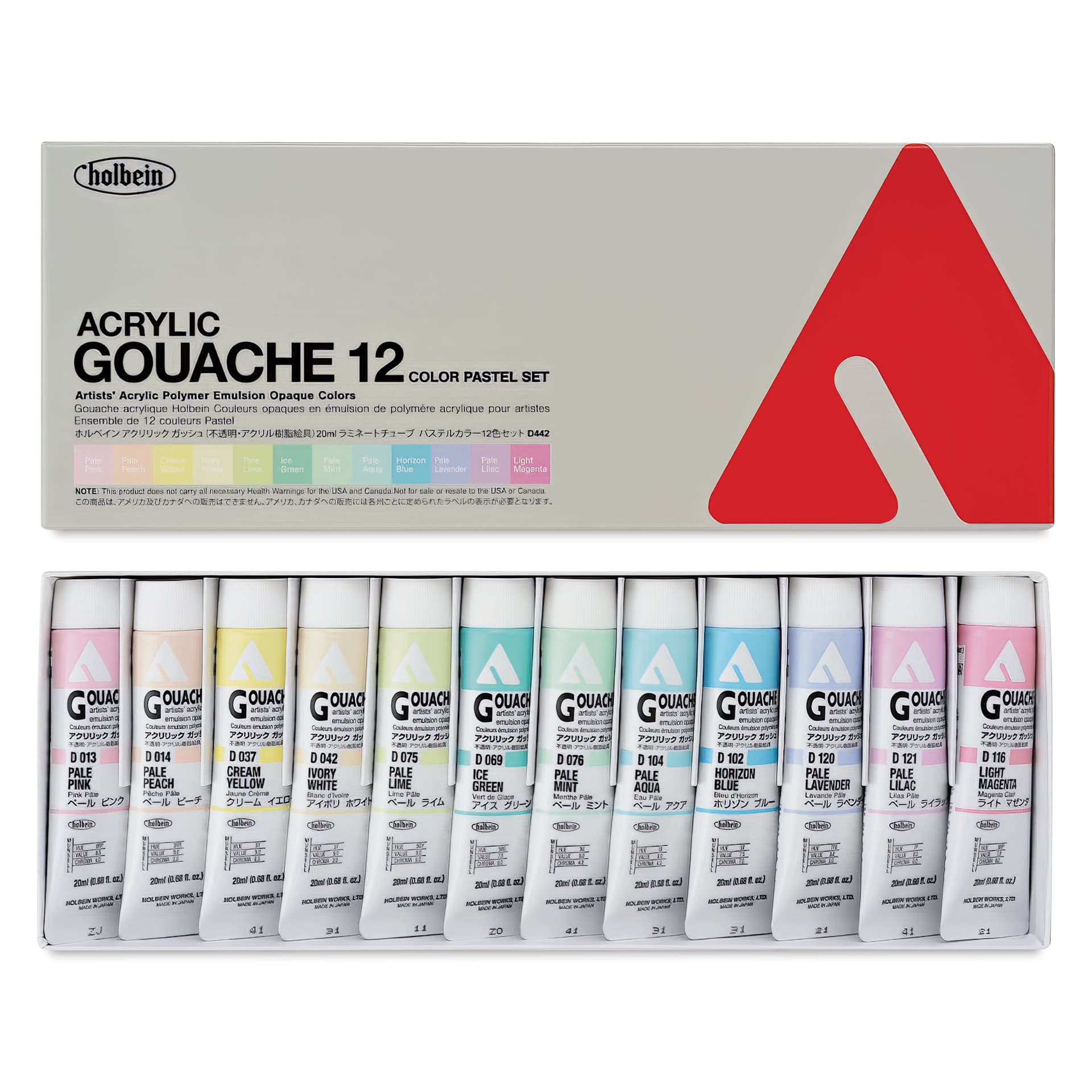 Holbein Acrylic Gouache - Set of 12, Pastel Colors, 20 ml Tubes