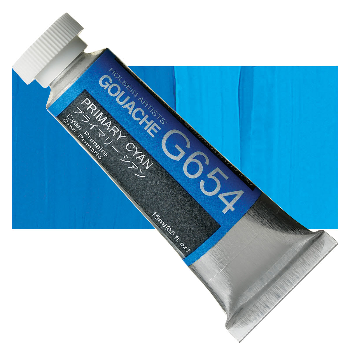 Holbein Artists' Gouache - Primary Cyan, 15 ml tube and swatch