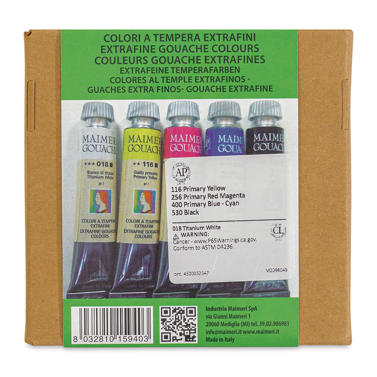 Maimeri Artist Gouache - Primary Colors, Set of 5, 20 ml, Tubes (Back of packaging)