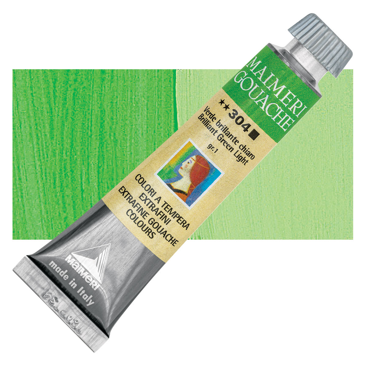 Maimeri Artist Gouache - Brilliant Green Light, 20 ml tube and swatch
