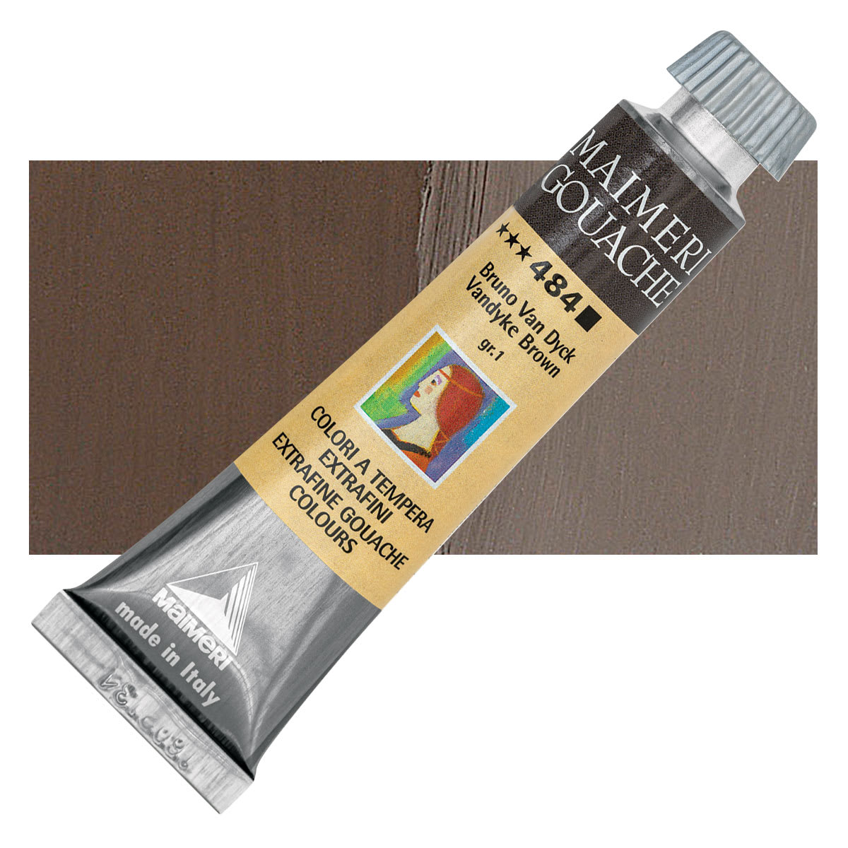 Maimeri Artist Gouache - Vandyke Brown, 20 ml tube and swatch