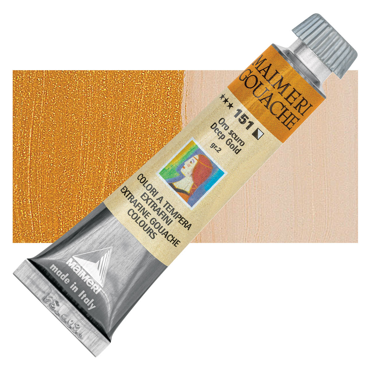 Maimeri Artist Gouache - Deep Gold, 20 ml tube and swatch