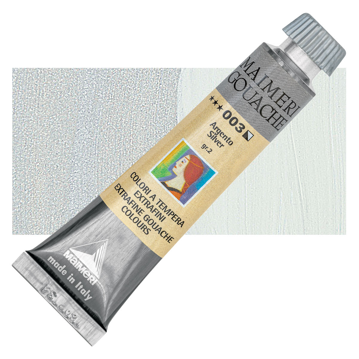Maimeri Artist Gouache - Silver, 20 ml tube and swatch