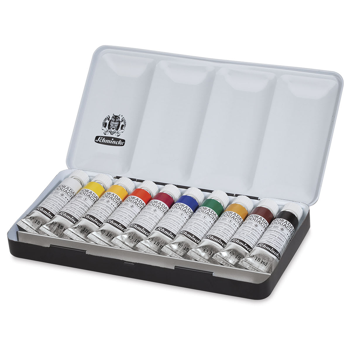 Schmincke Horadam Artist Gouache - Angled view of Set of 10 tubes shown in open metal container
