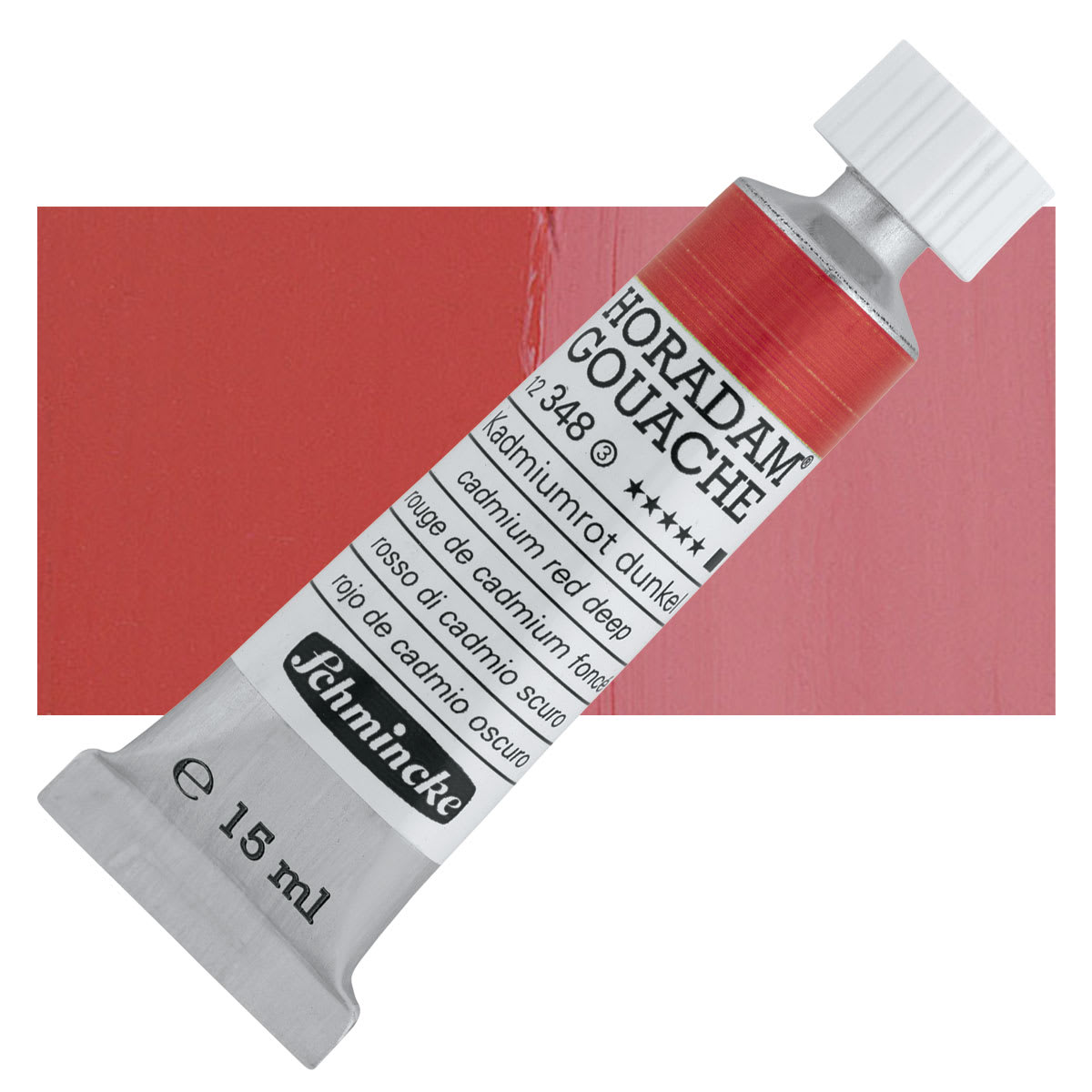 Schmincke Horadam Artist Gouache - Cadmium Red Deep, 15 ml tube and swatch