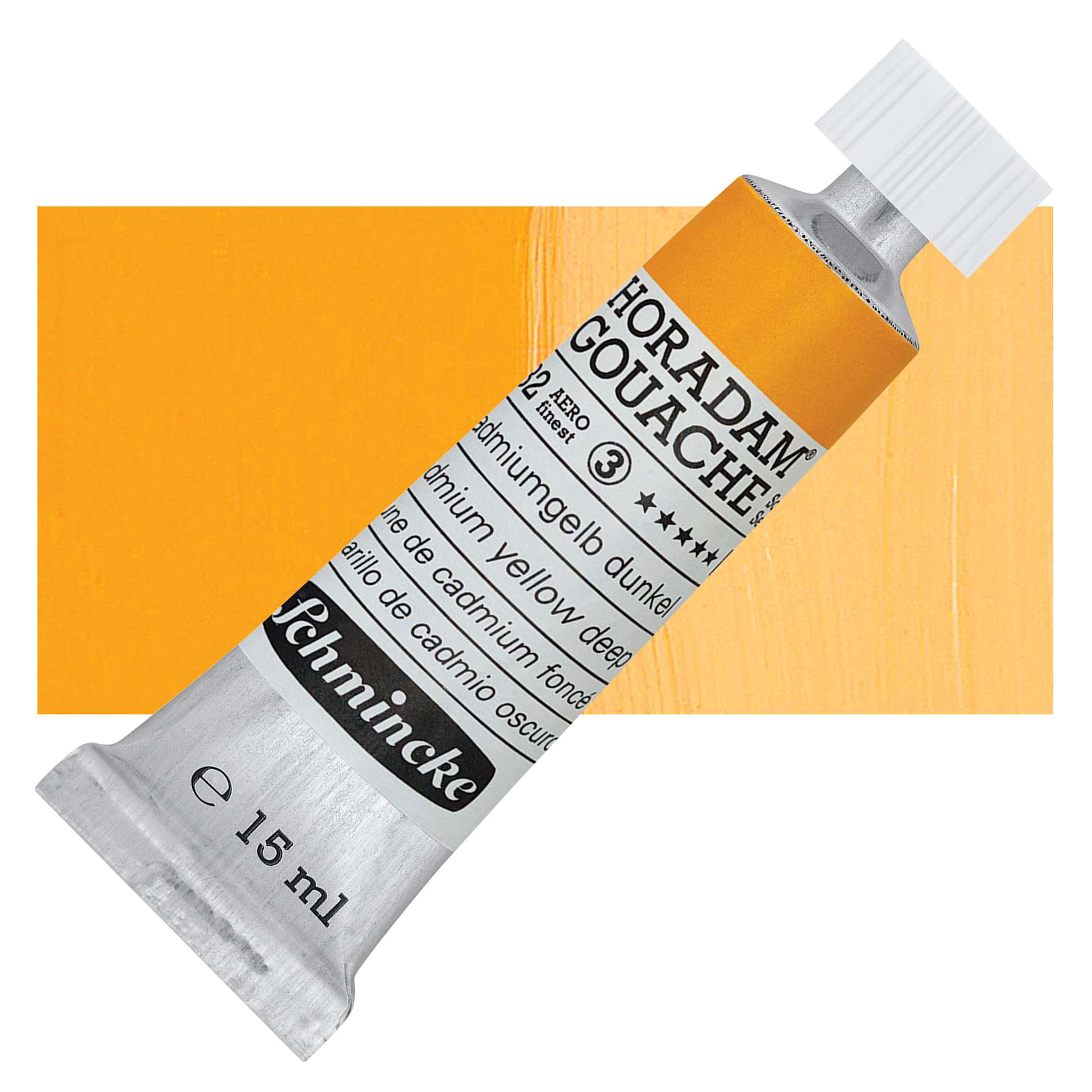 Schmincke Horadam Artist Gouache - Cadmium Yellow Deep, 15 ml tube and swatch