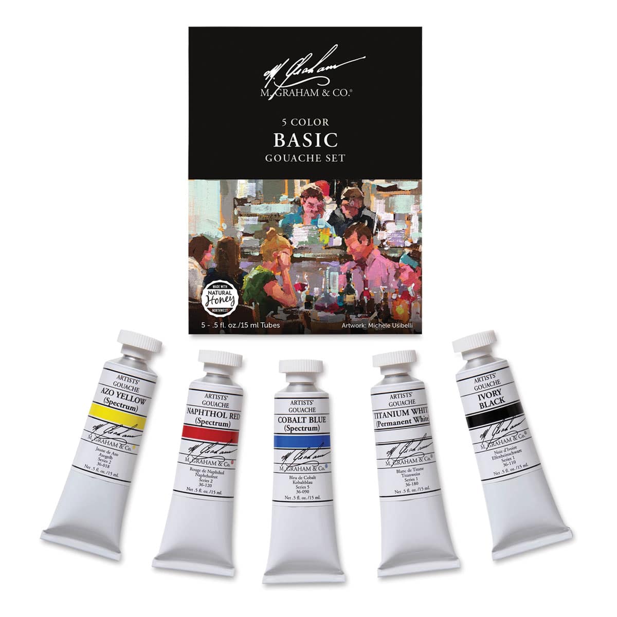 M. Graham Artists' Gouache and Set -Components of Basic Set of 5 shown in front of Package M. Graham Artists' Gouache and Set -Components of Basic Set of 5 shown in front of Package