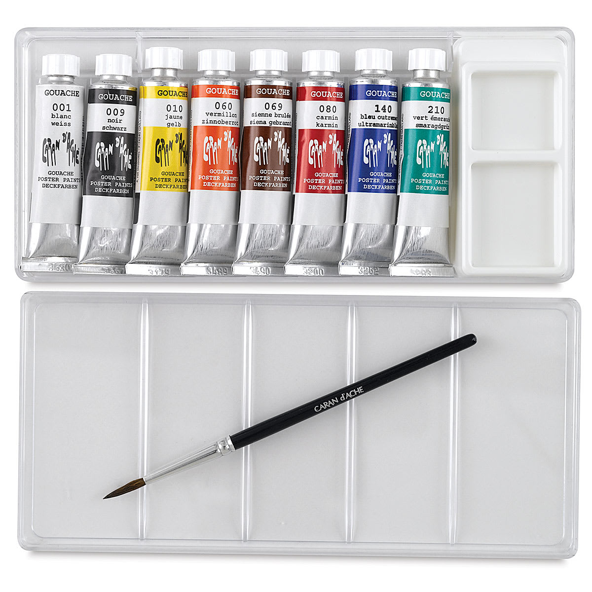Caran d'Ache Gouache Studio Set - Set of 8 with Brush, 10 ml Tubes, Open view Caran d'Ache Gouache Studio Set - Set of 8 with Brush, 10 ml Tubes, Open view