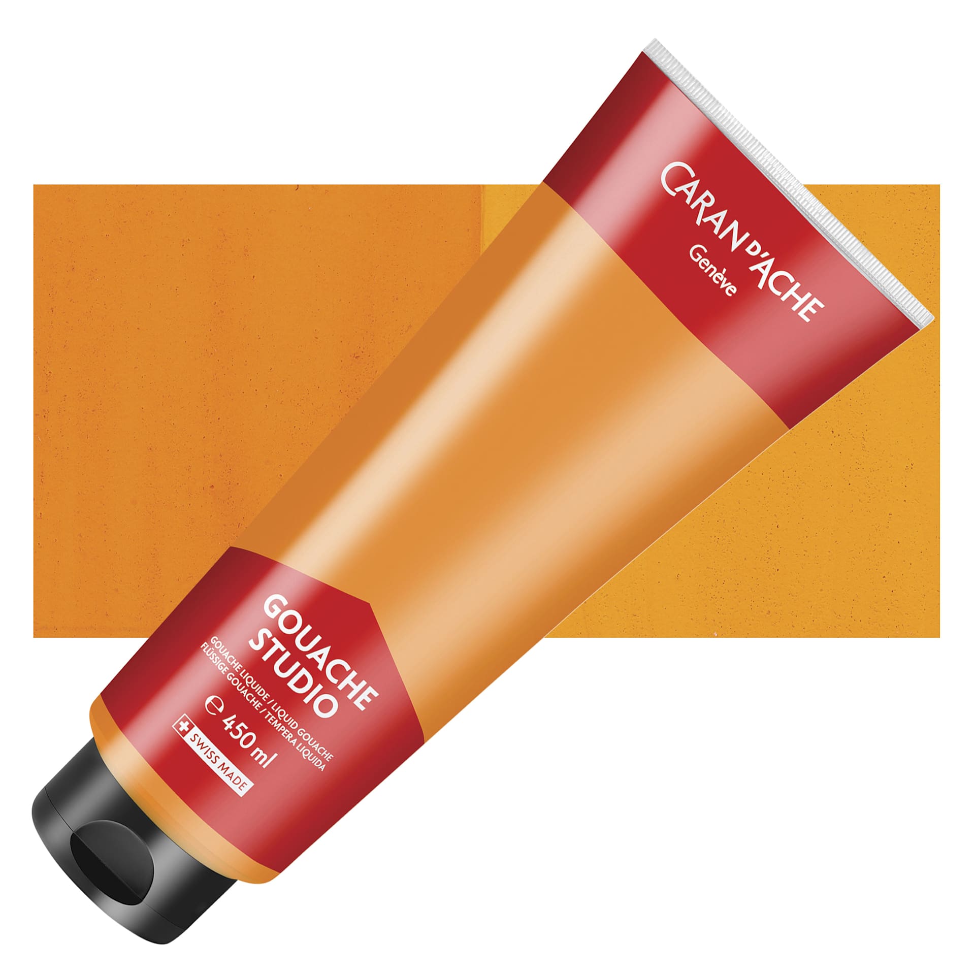 Caran d'Ache Studio Gouache - Orange, 450 ml, Tube and swatch