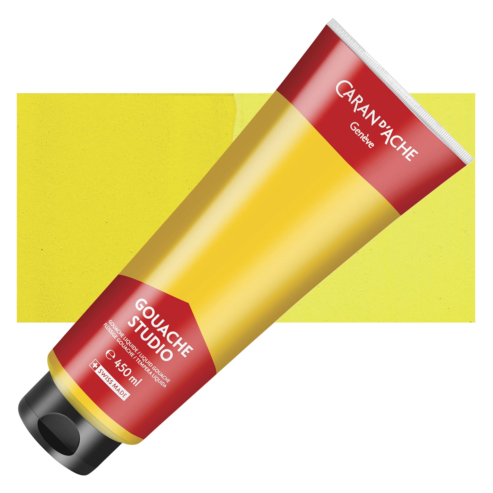 Caran d'Ache Studio Gouache - Primary Yellow, 450 ml, Tube and swatch