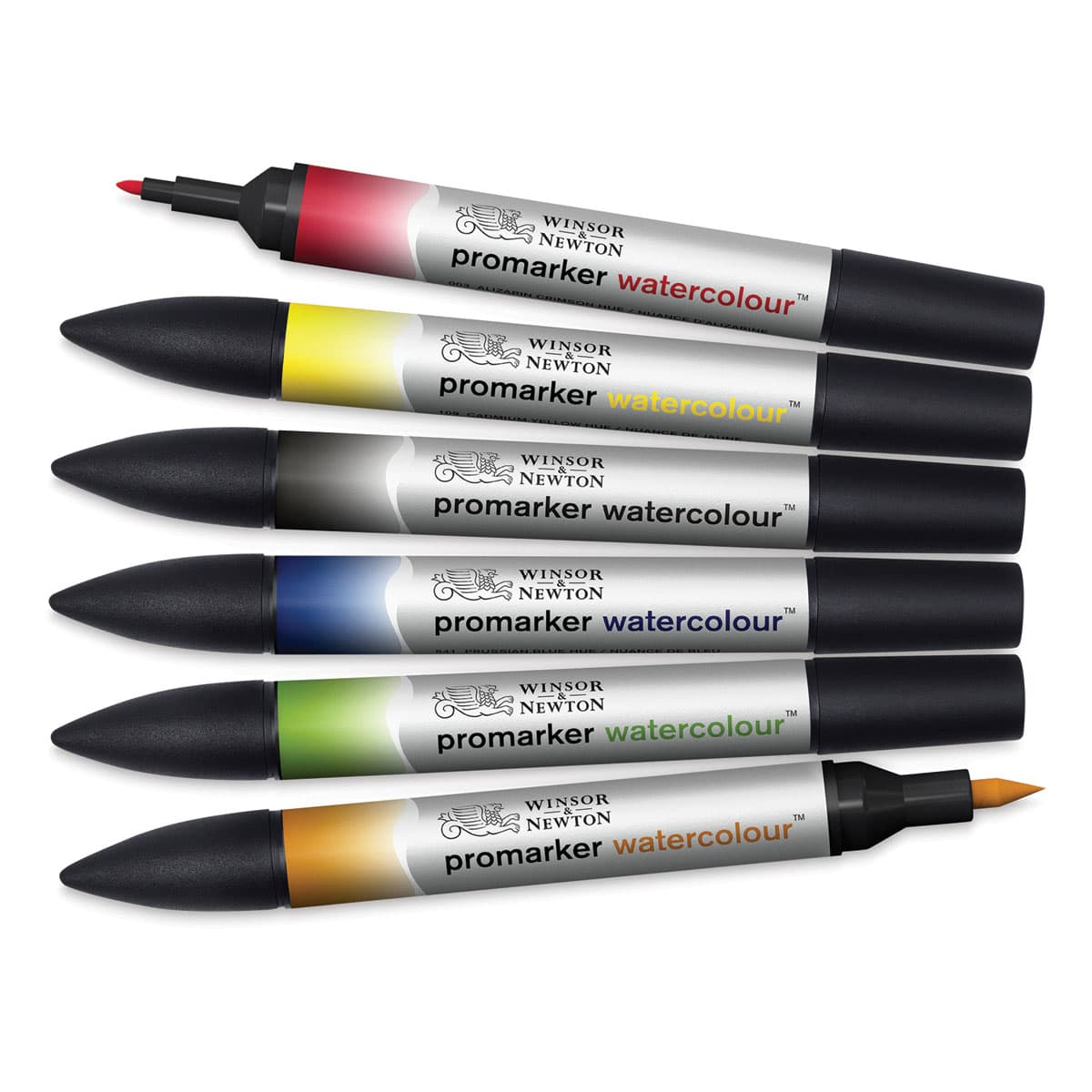Promarker Watercolor Marker Sets - 6 pc set of Basic colors shown horizontally with two caps removed Promarker Watercolor Marker Sets - 6 pc set of Basic colors shown horizontally with two caps removed