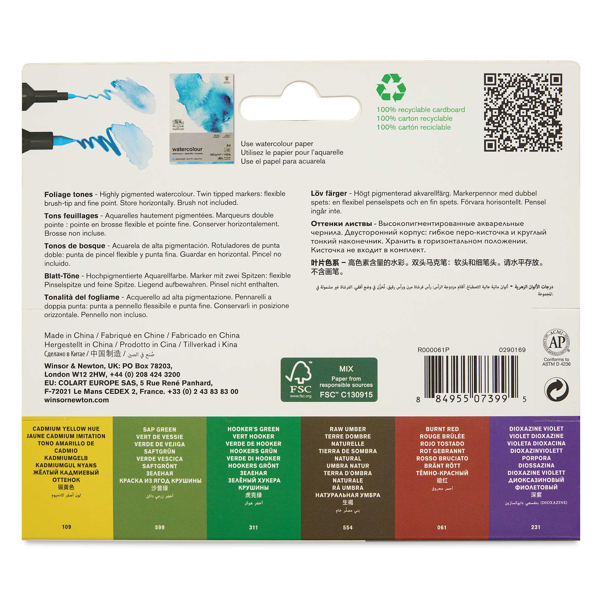 Winsor & Newton Promarker Watercolor Markers - Foliage Colors, Set of 6, back of the packaging