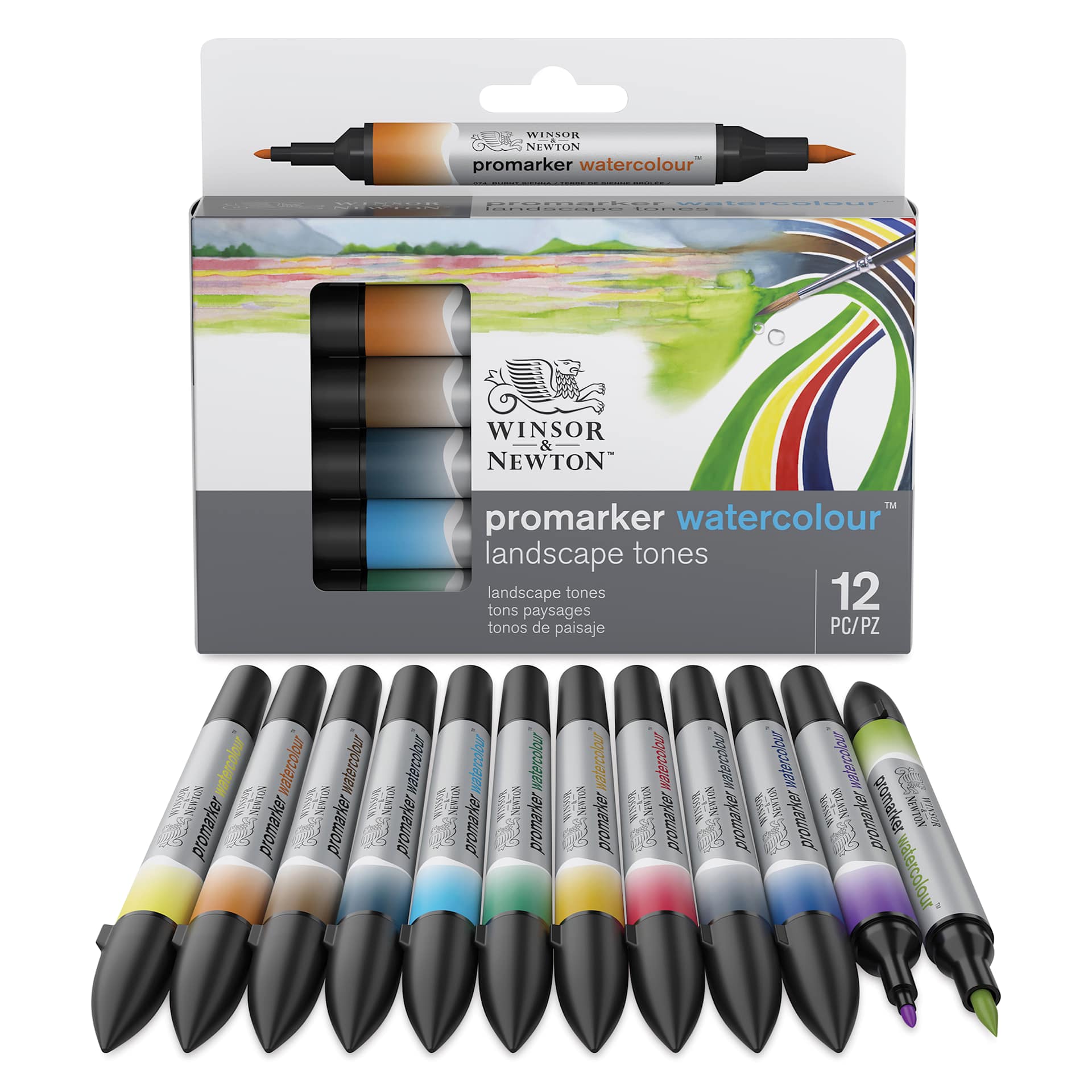 Winsor & Newton Promarker Watercolor Markers - Landscape Colors, Set of 12, markers laid out Winsor & Newton Promarker Watercolor Markers - Landscape Colors, Set of 12, markers laid out