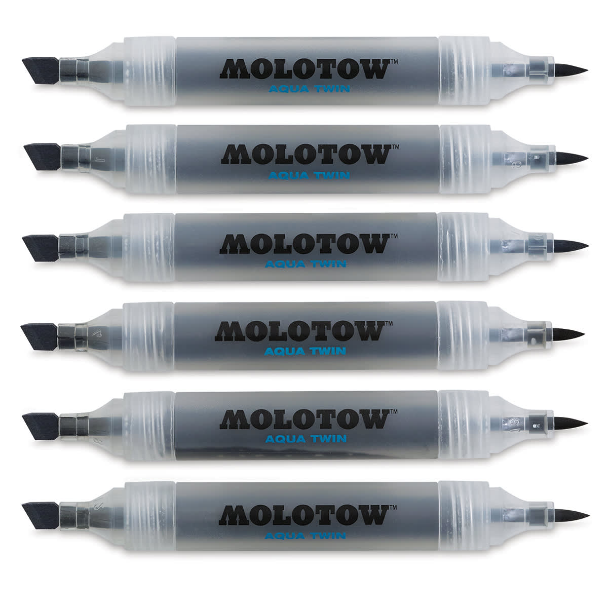 Molotow Aqua Twin Markers and Sets - 6 Markers from Grays Set 1 shown horizontally and uncapped
