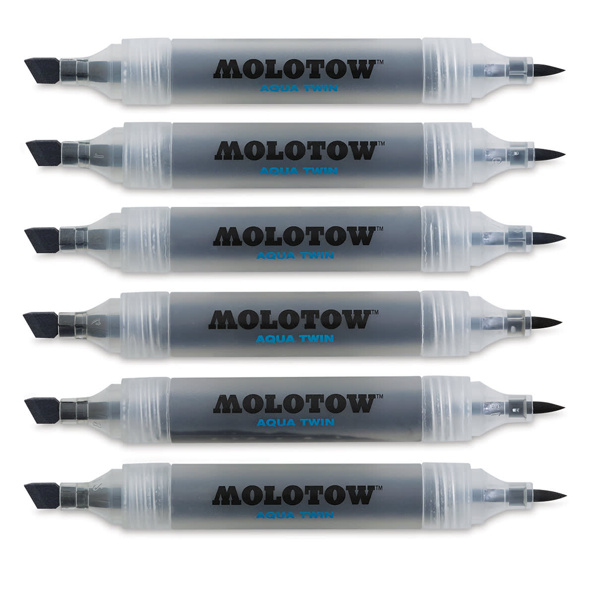 Molotow Aqua Twin Markers and Sets - 6 Markers from Grays Set 2 shown horizontally and uncapped