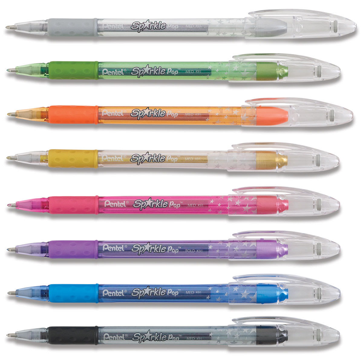 Pentel Sparkle Pop Pens - Components of Set of 8 Color Changing pens lined up horizontally Pentel Sparkle Pop Pens - Components of Set of 8 Color Changing pens lined up horizontally