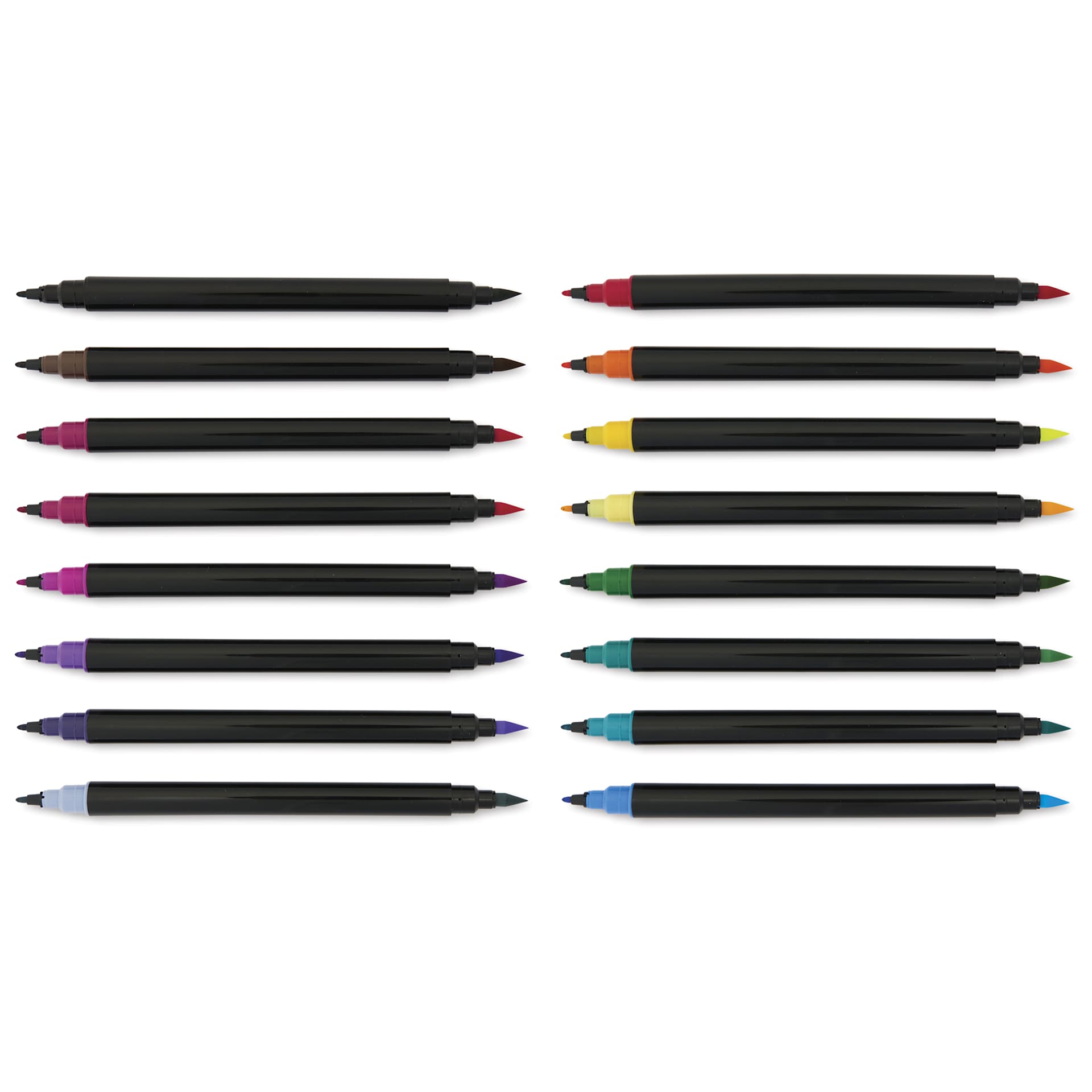 Crayola Brush and Detail Dual Ended Markers - Assorted Colors, Set of 16, laid out with caps off