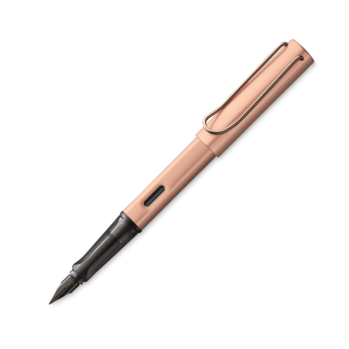 Lamy Lx Fountain Pen - Rose Gold color pen open and at angle Lamy Lx Fountain Pen - Rose Gold color pen open and at angle