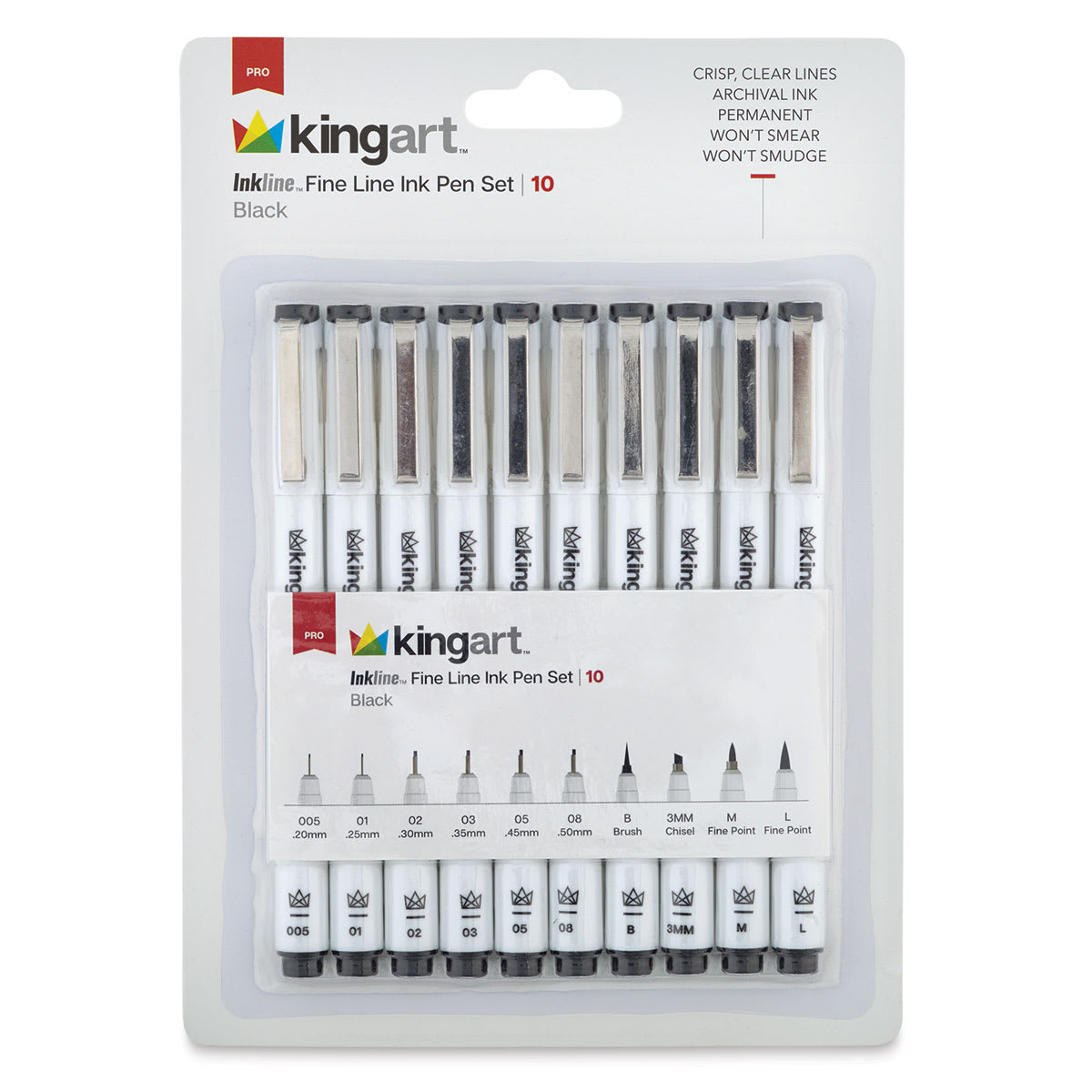 Kingart Inkline Artists Pen Sets - Front of package of 10 pc set of Black Assorted Tip Pens