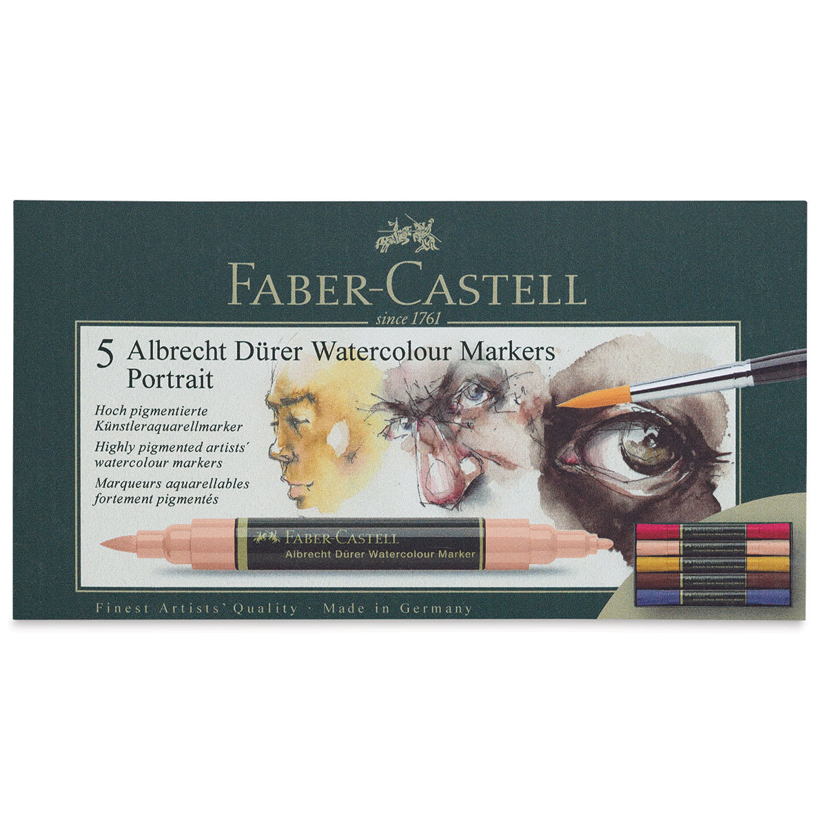 Faber-Castell Albrecht Dürer Watercolor Markers - Portrait Tones, Set of 5 (front of package) Faber-Castell Albrecht Dürer Watercolor Markers - Portrait Tones, Set of 5 (front of package)