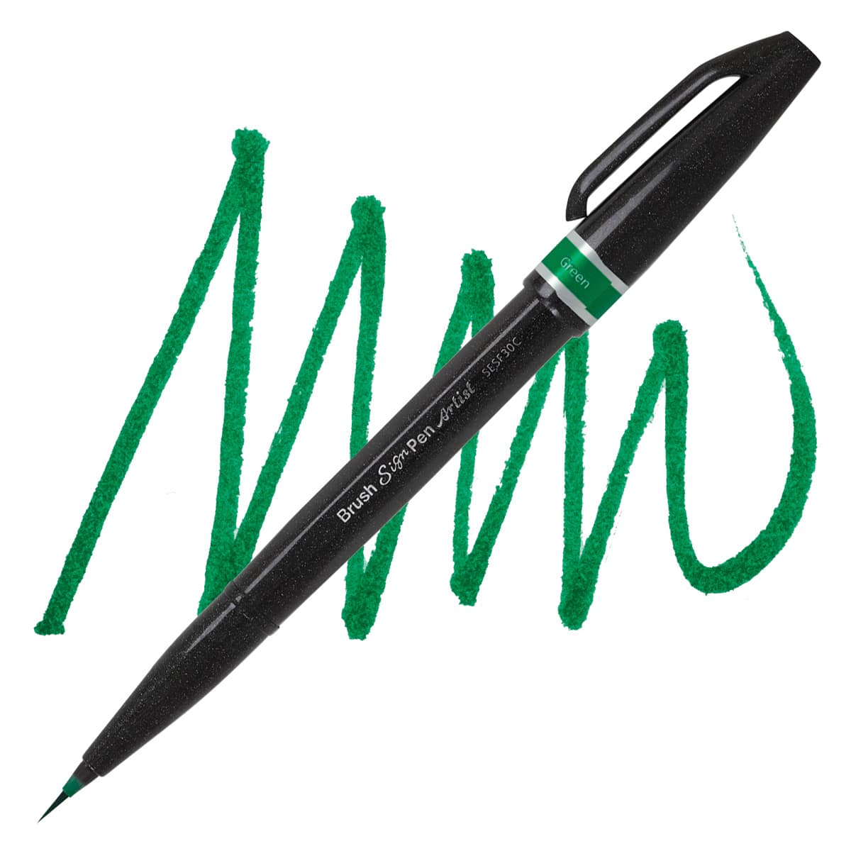 Pentel Arts Micro Brush Tip Sign Pen - Green pen and swatch