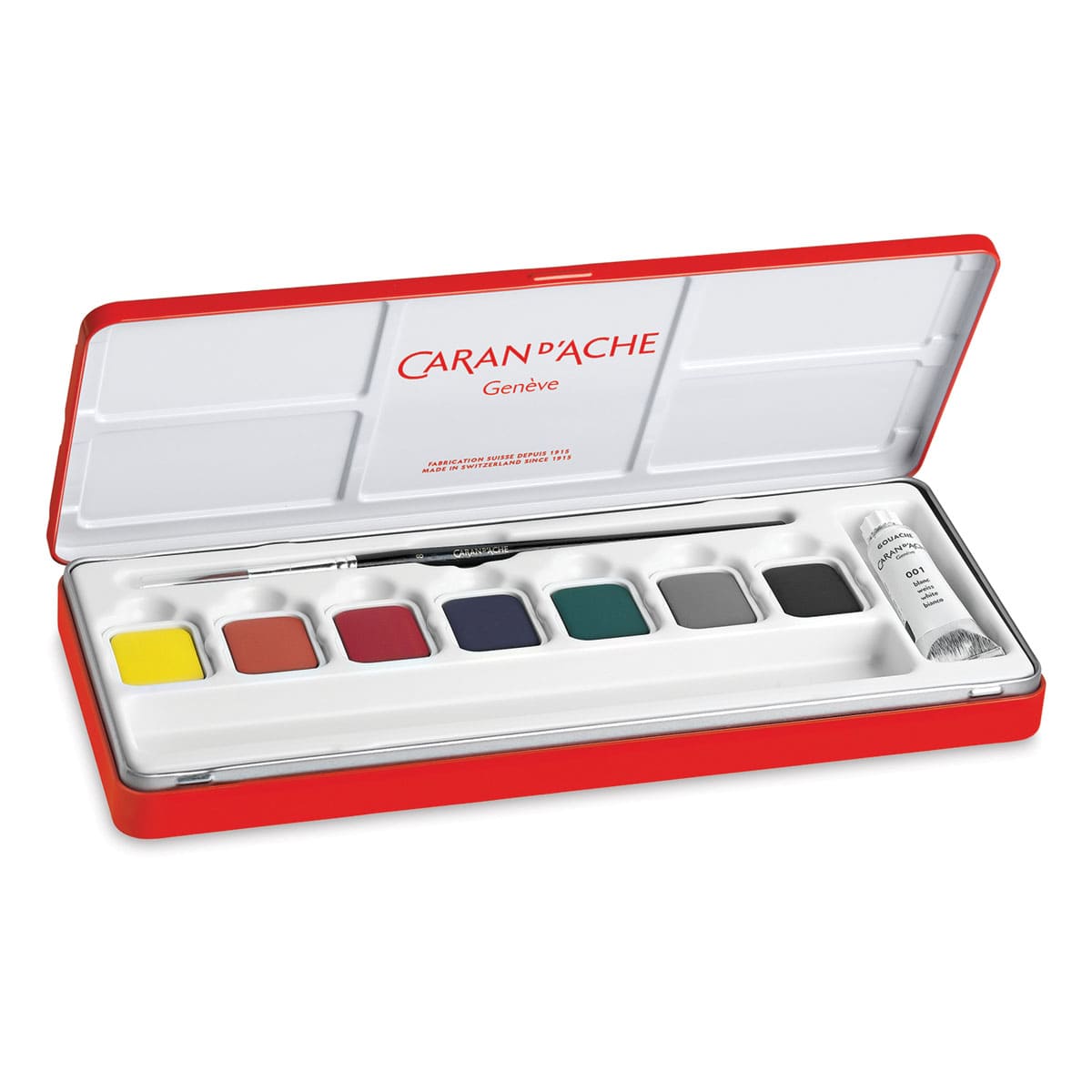 Caran d'Ache Gouache Studio Set - Set of 7 Pans w/White Tube, w/ brush, Open view Caran d'Ache Gouache Studio Set - Set of 7 Pans w/White Tube, w/ brush, Open view