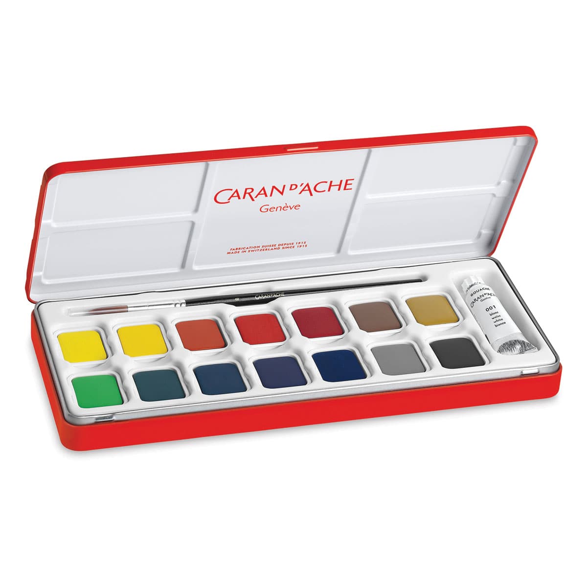Caran d'Ache Gouache Studio Set - Set of 14 Pans w/White Tube, w/ brush, Open view Caran d'Ache Gouache Studio Set - Set of 14 Pans w/White Tube, w/ brush, Open view