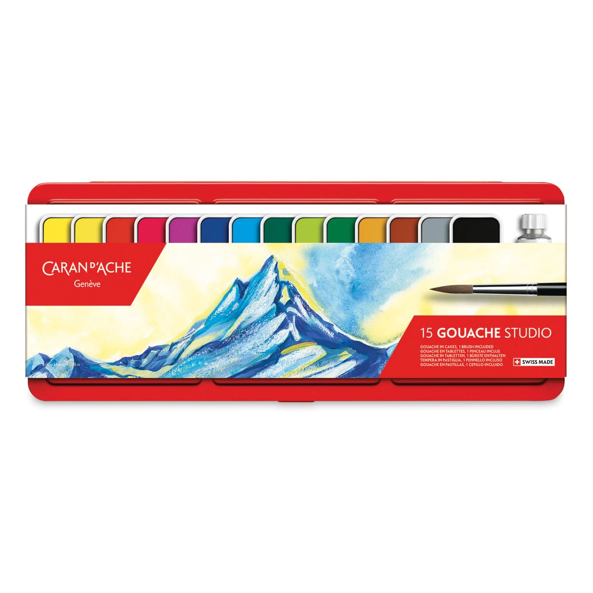 Caran d'Ache Gouache Studio Set - Set of 14 Pans w/White Tube w/ brush, View front cover Caran d'Ache Gouache Studio Set - Set of 14 Pans w/White Tube w/ brush, View front cover