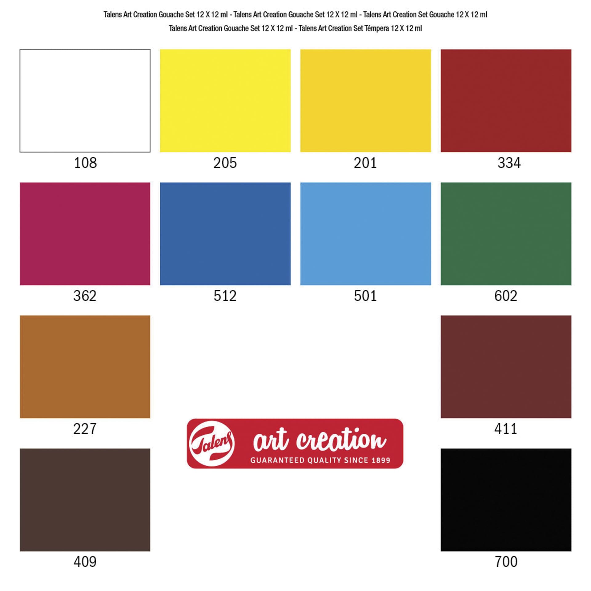 Talens Art Creation Gouache - Set of 12, Assorted Colors, 12 ml, swatches