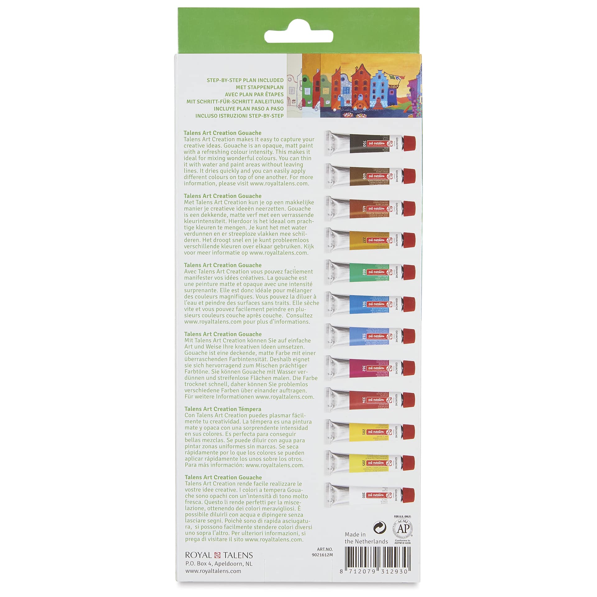 Talens Art Creation Gouache - Set of 12, Assorted Colors, 12 ml, back of packaging