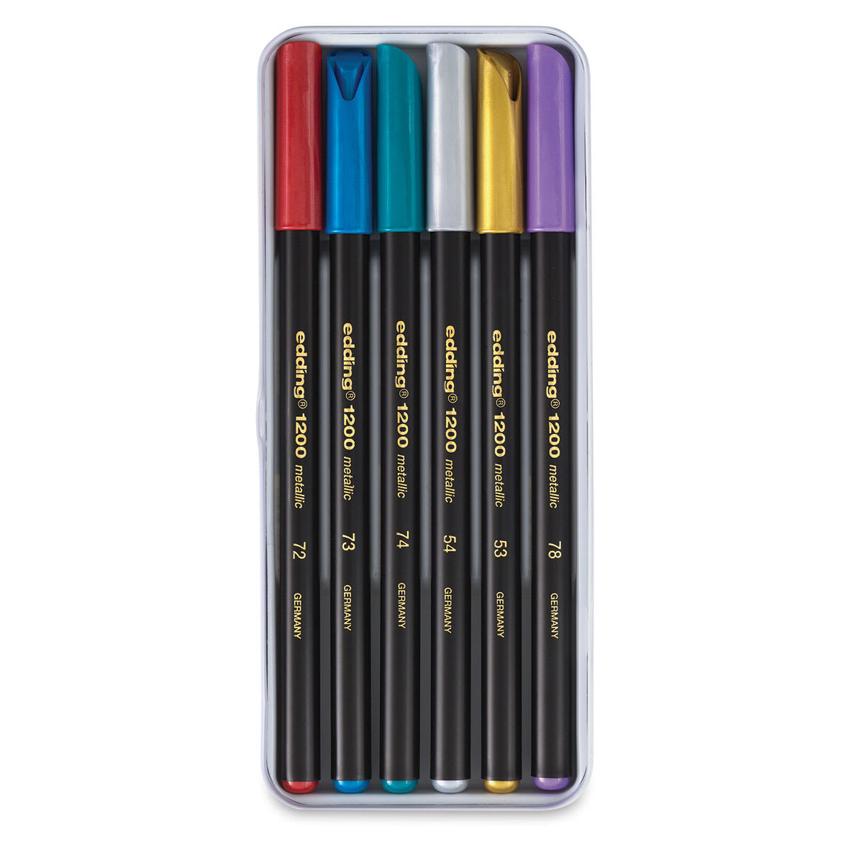 Edding Metallic Markers and Set - Set of 6 shown in open storage tin Edding Metallic Markers and Set - Set of 6 shown in open storage tin
