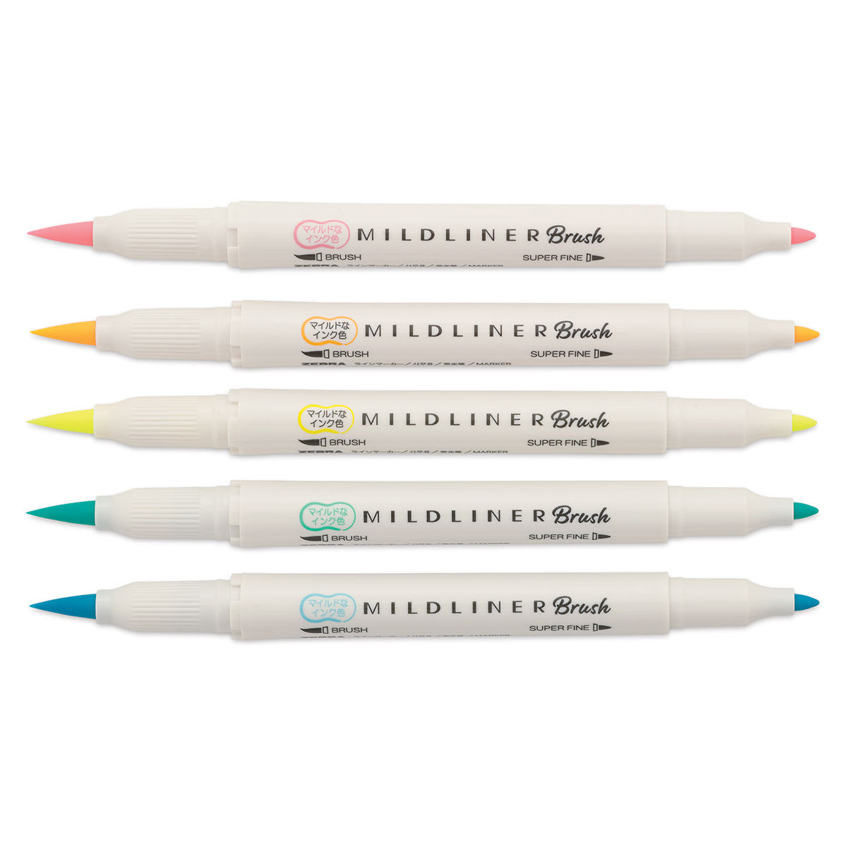 Zebra Mildliner Double Ended Brush Pens - Set of 5, Fluorescent Colors