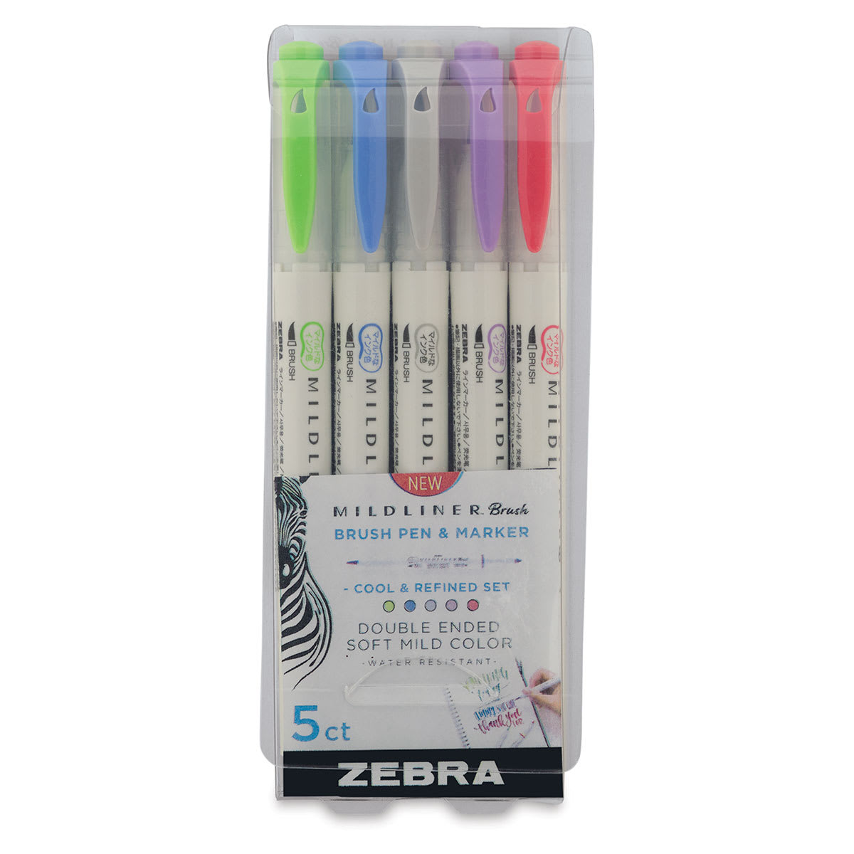 Zebra Mildliner Double Ended Brush Pens - Front of package of Set of 5 Cool and Refined Colors