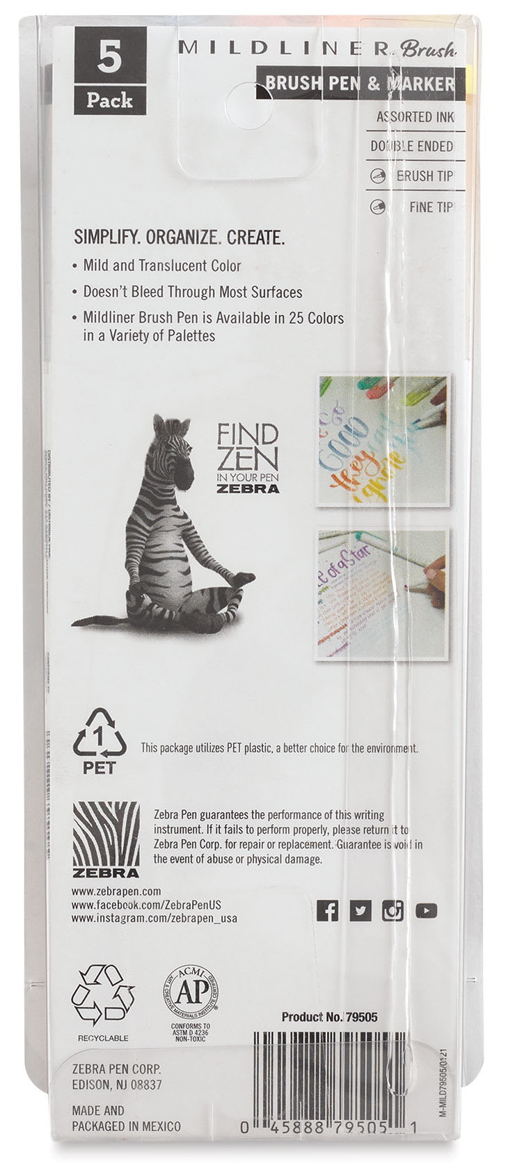 Zebra Mildliner Double Ended Brush Pens - Set of 5, Friendly Colors (back of package)