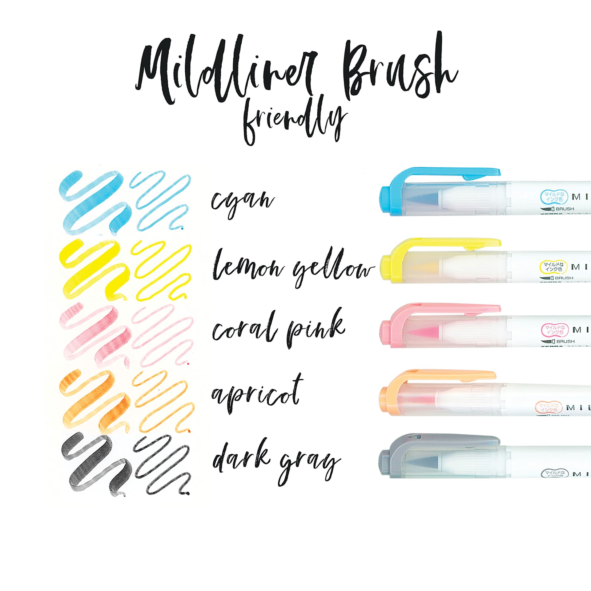 Zebra Mildliner Double Ended Brush Pens - Set of 5, Friendly Colors (pens with color swatches)