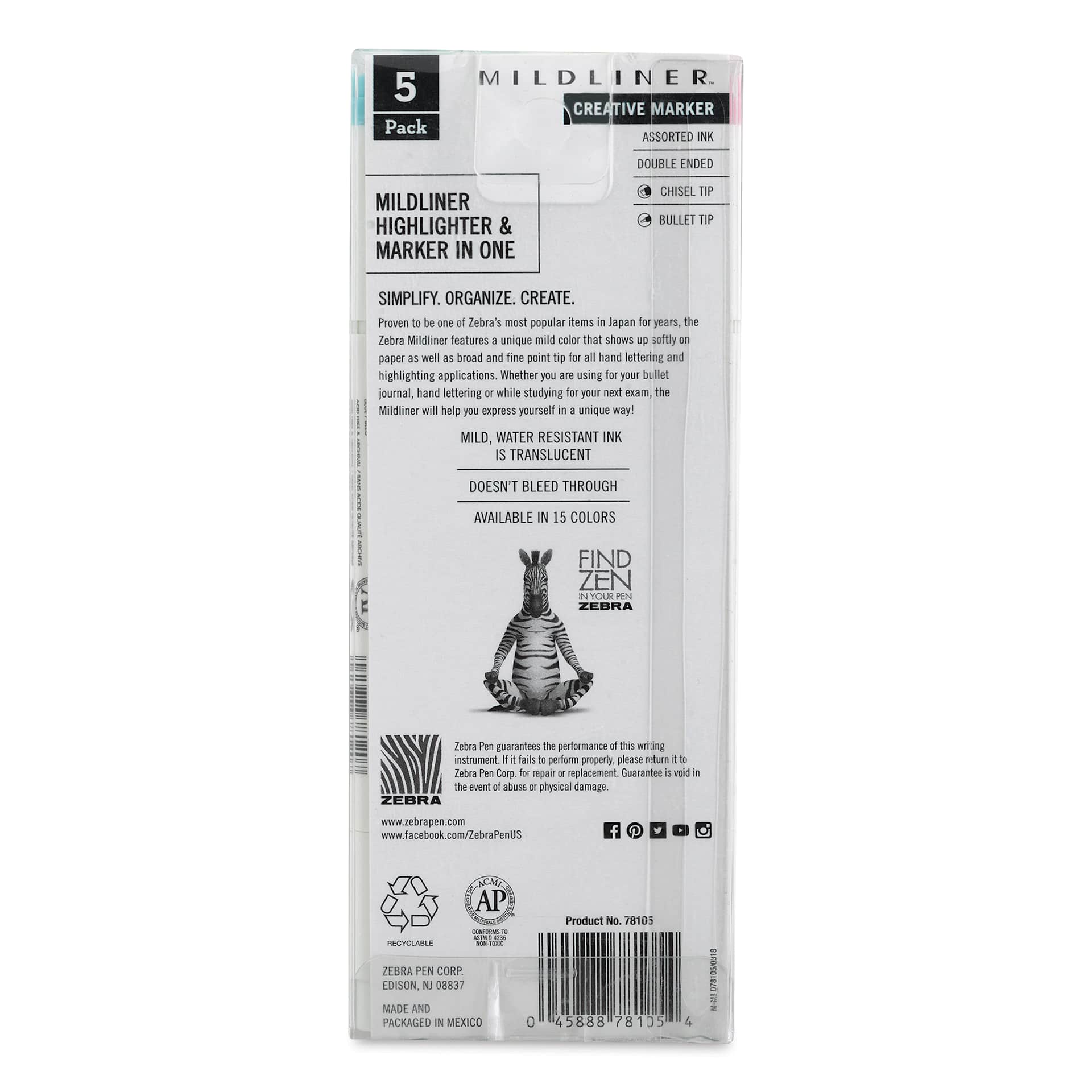 Zebra Mildliner Double Ended Creative Markers - Fluorescent Colors, Set of 5 (back of package)