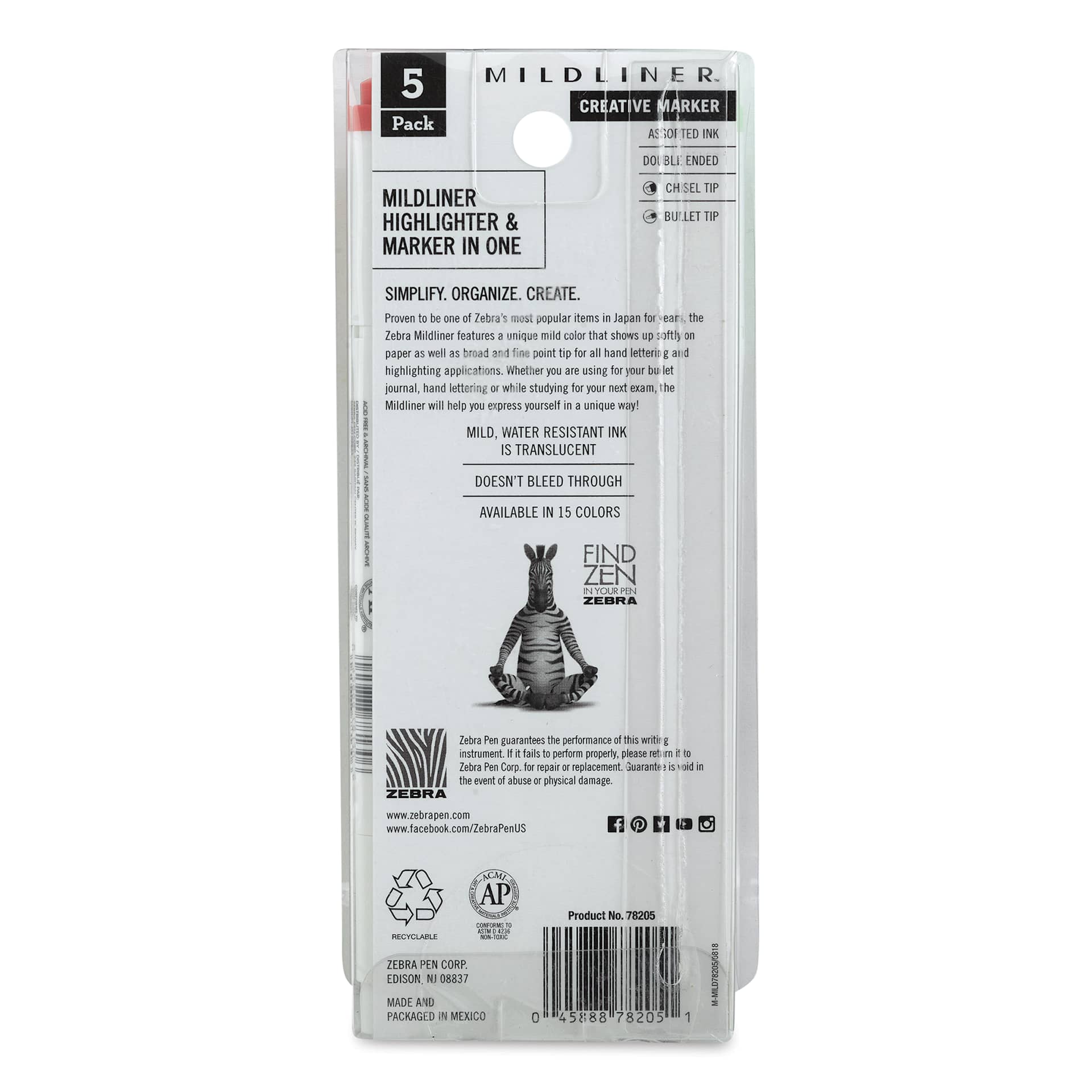 Zebra Mildliner Double Ended Creative Markers - Cool & Refined Colors, Set of 5 (back of package)