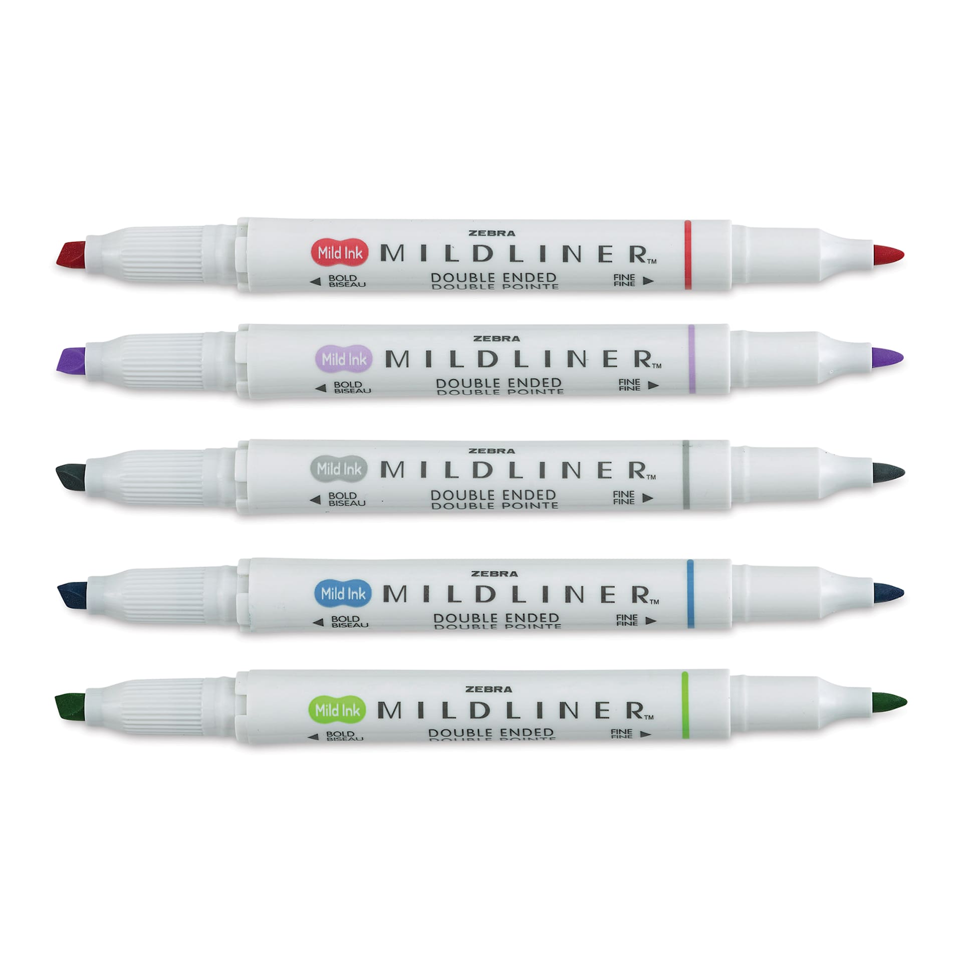 Zebra Mildliner Double Ended Creative Markers - Cool & Refined Colors, Set of 5 (contents with caps off)