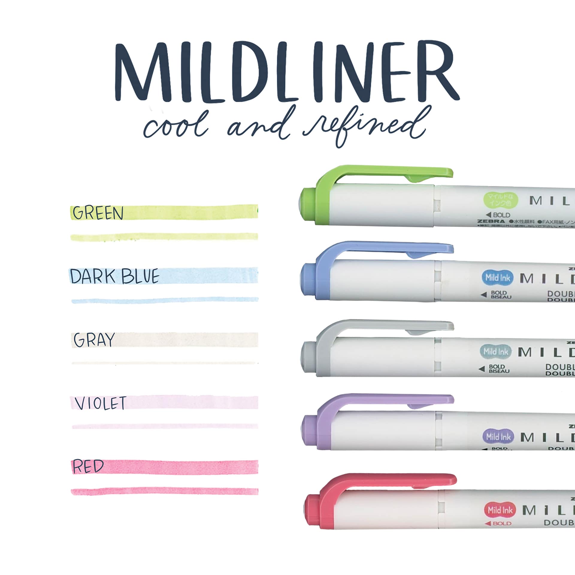 Zebra Mildliner Double Ended Creative Markers - Cool & Refined Colors, Set of 5 (pens with color swatches)