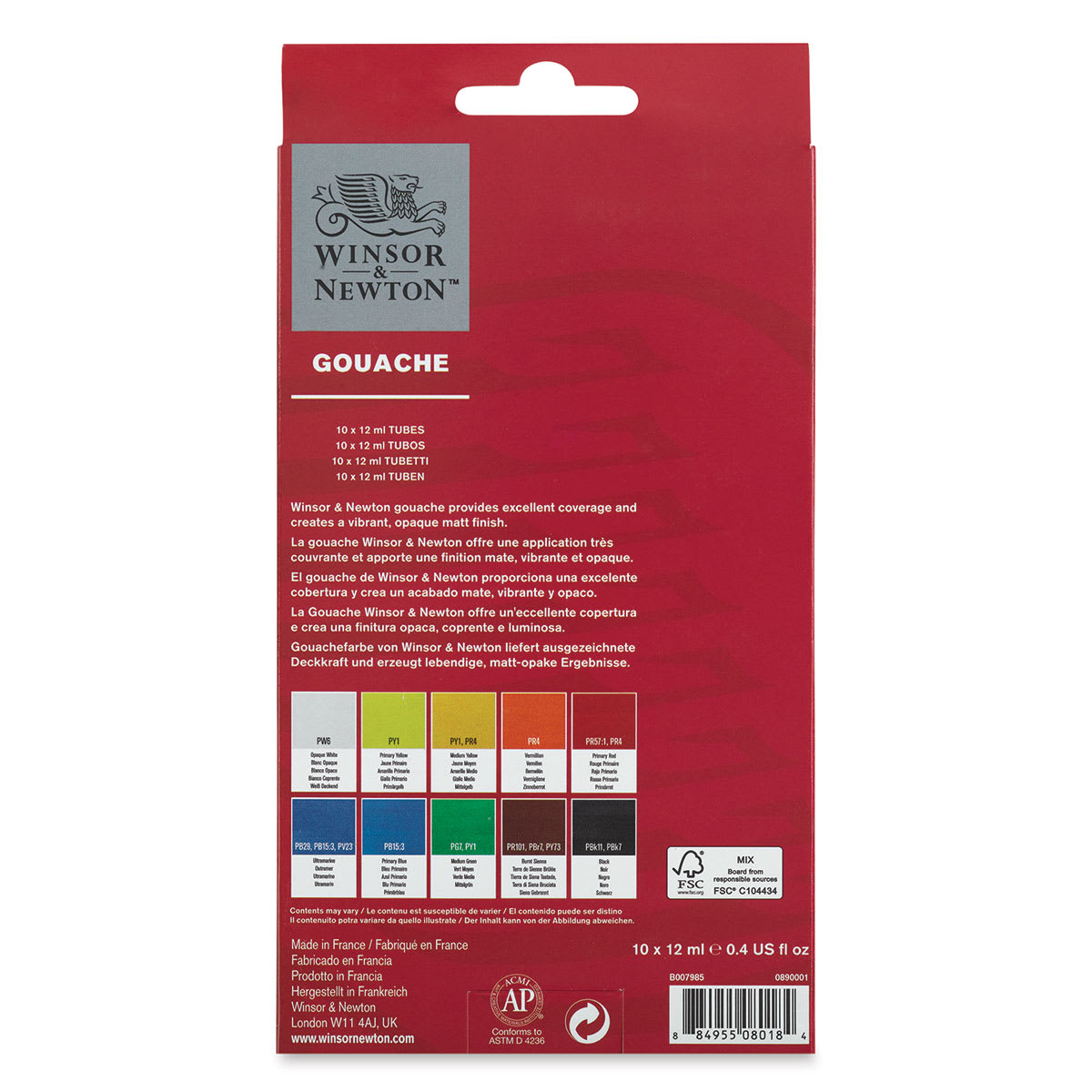 Winsor & Newton Gouache - Set of 10, Assorted Colors, 12 ml, Tubes (Back of packaging)