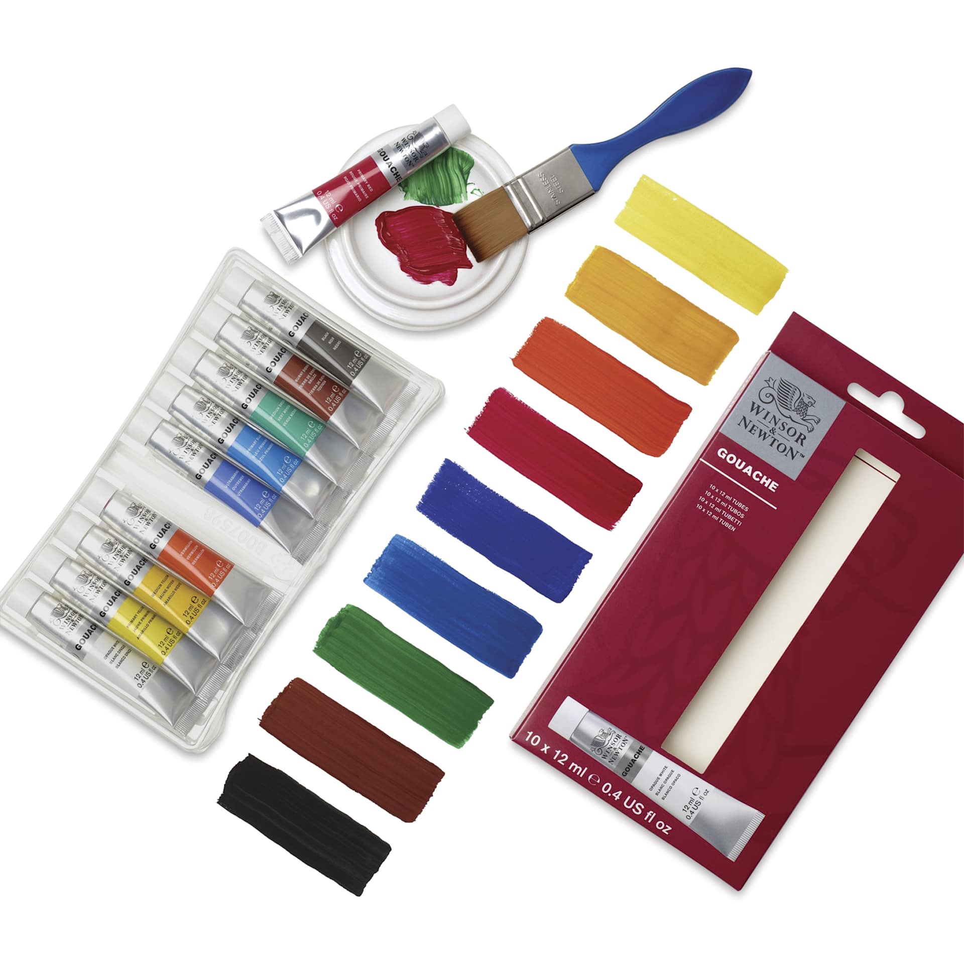 Winsor & Newton Gouache - Set of 10, Assorted Colors, 12 ml, Tubes, open packaging with swatches