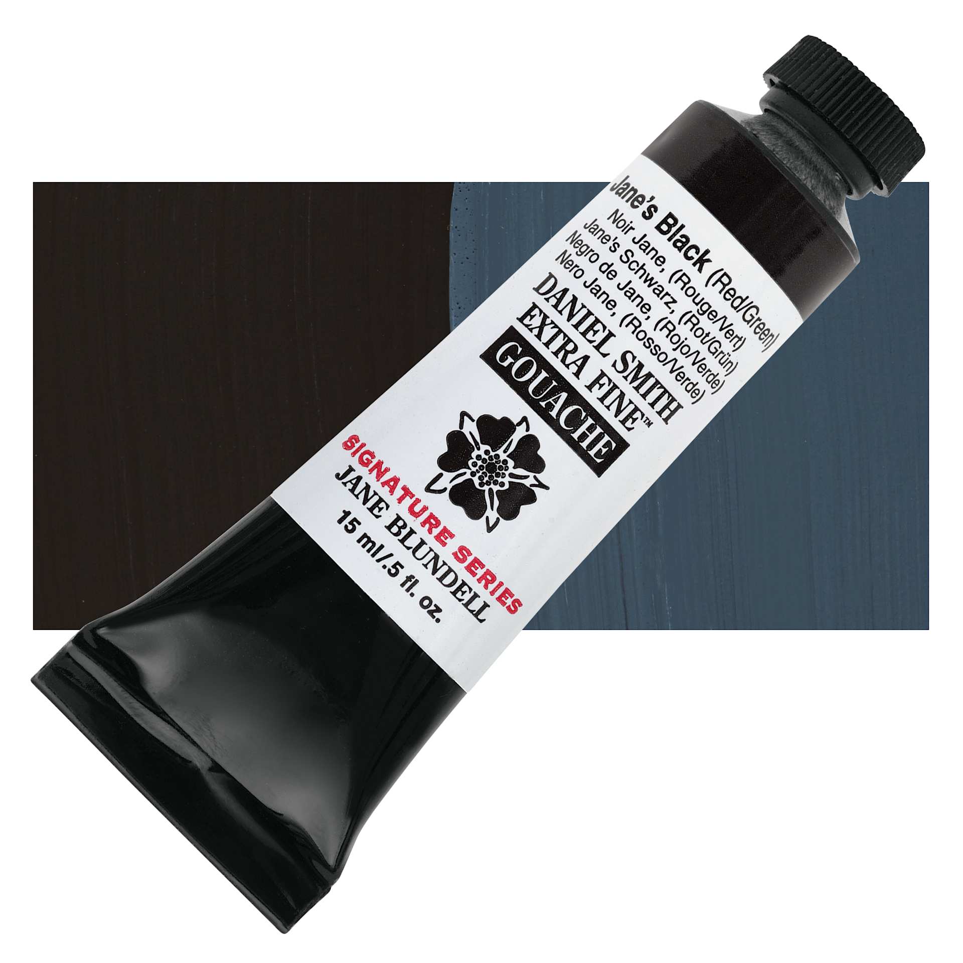 Daniel Smith Extra Fine Gouache - Jane's Black (Red/Green), 15 ml tube and swatch