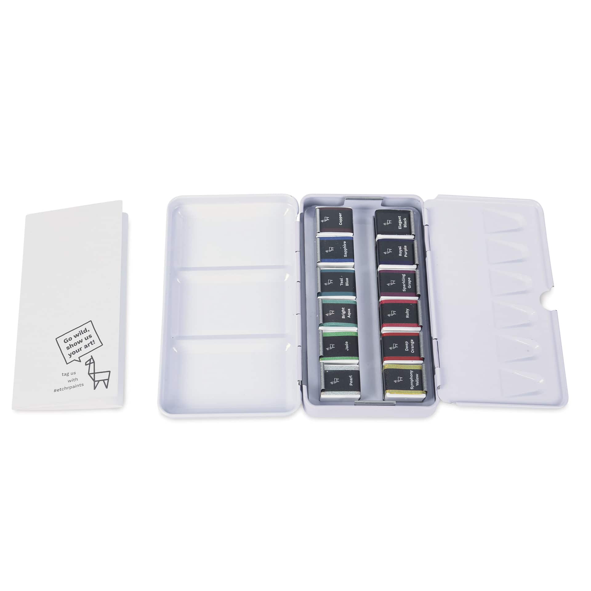 Etchr Half Pan Watercolors - Set of 12, Versatile Pearlescent Colors, open metal tin