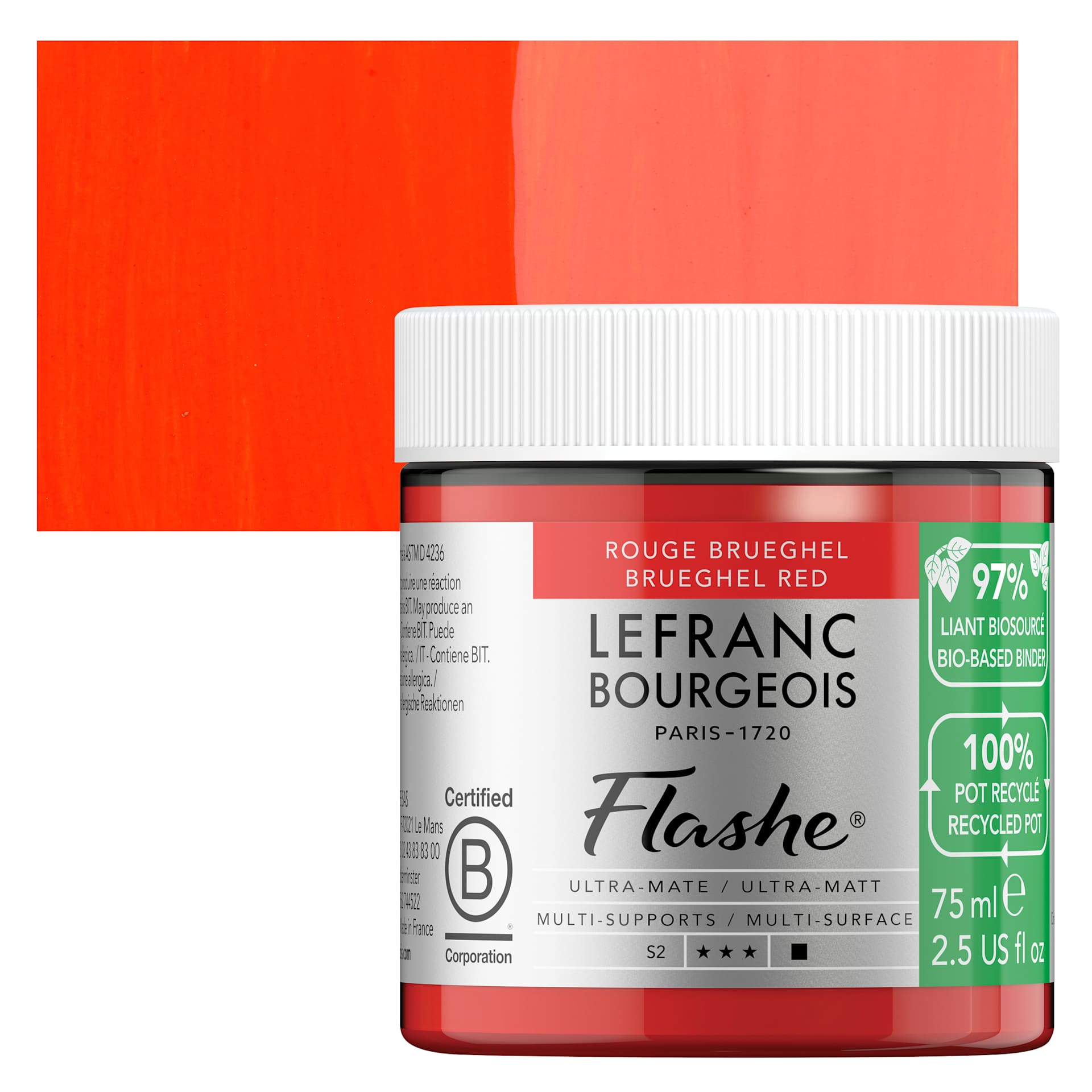 Lefranc Bourgeois Flashe Biobased Paint - Breughel Red, 75 ml jar and swatch