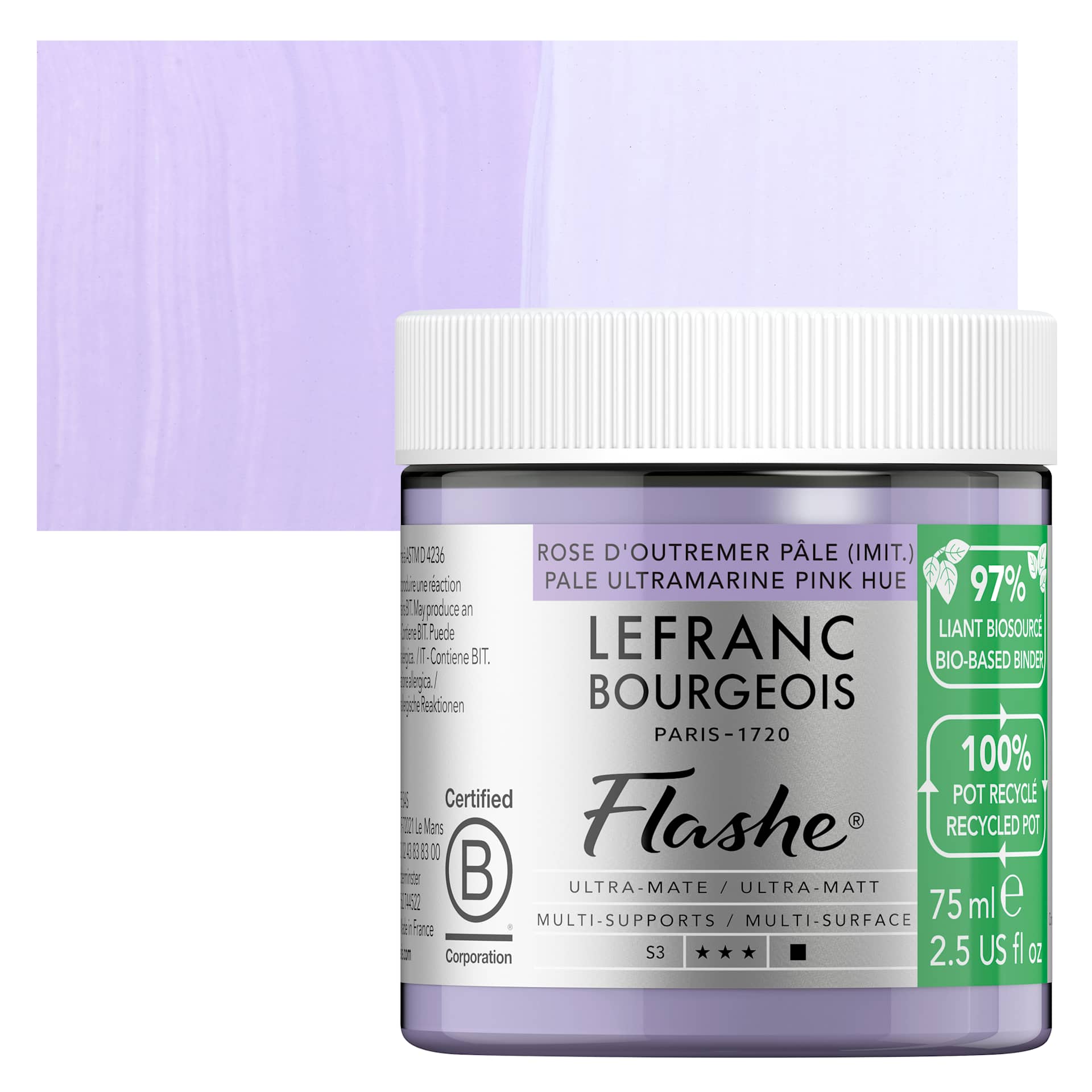 Lefranc Bourgeois Flashe Biobased Paint - Pale Ultramarine Pink Hue, 75 ml jar and swatch