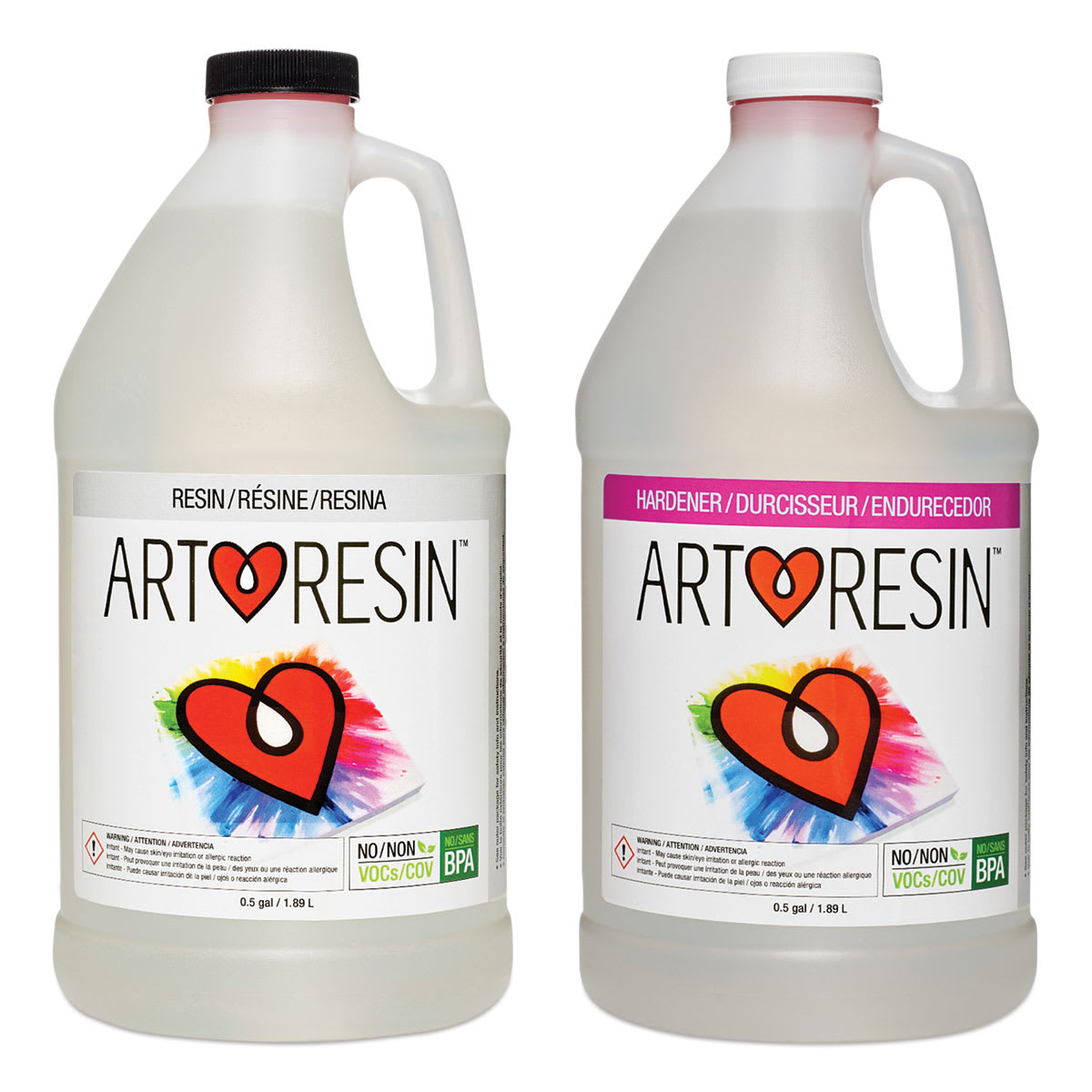 ArtResin Epoxy Resin Studio Kit. Fronts of two half-gallon jugs of Resin and of Hardener. ArtResin Epoxy Resin Studio Kit. Fronts of two half-gallon jugs of Resin and of Hardener.
