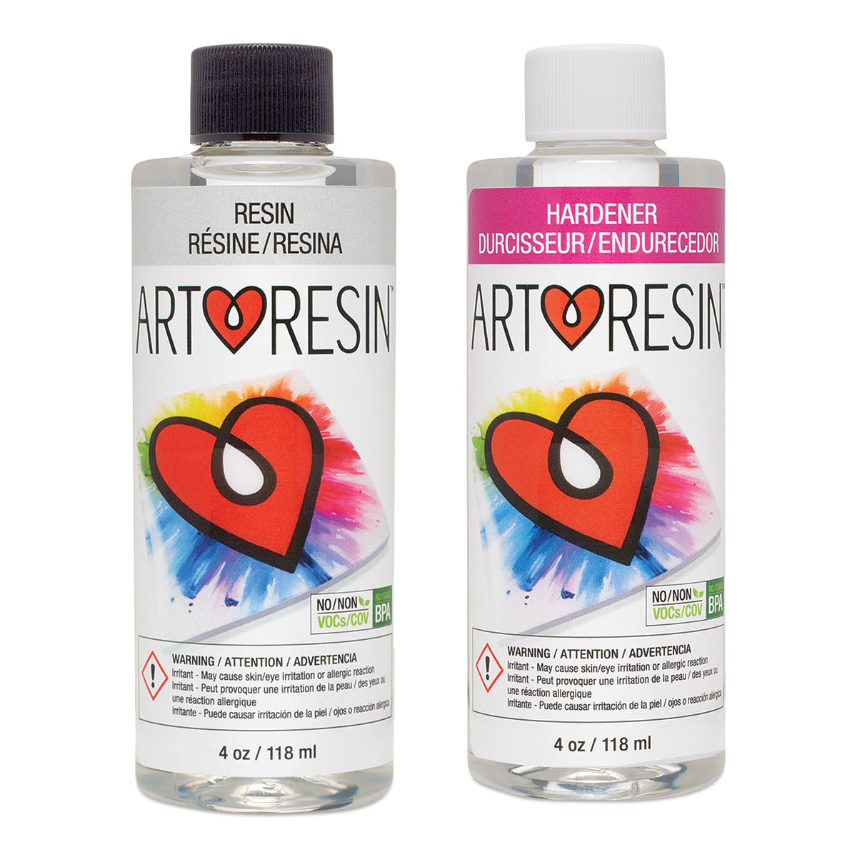 ArtResin Epoxy Resin Mini Kit. Front of bottles. 4 oz bottle of Resin and 4 oz bottle of Hardener. ArtResin Epoxy Resin Mini Kit. Front of bottles. 4 oz bottle of Resin and 4 oz bottle of Hardener.