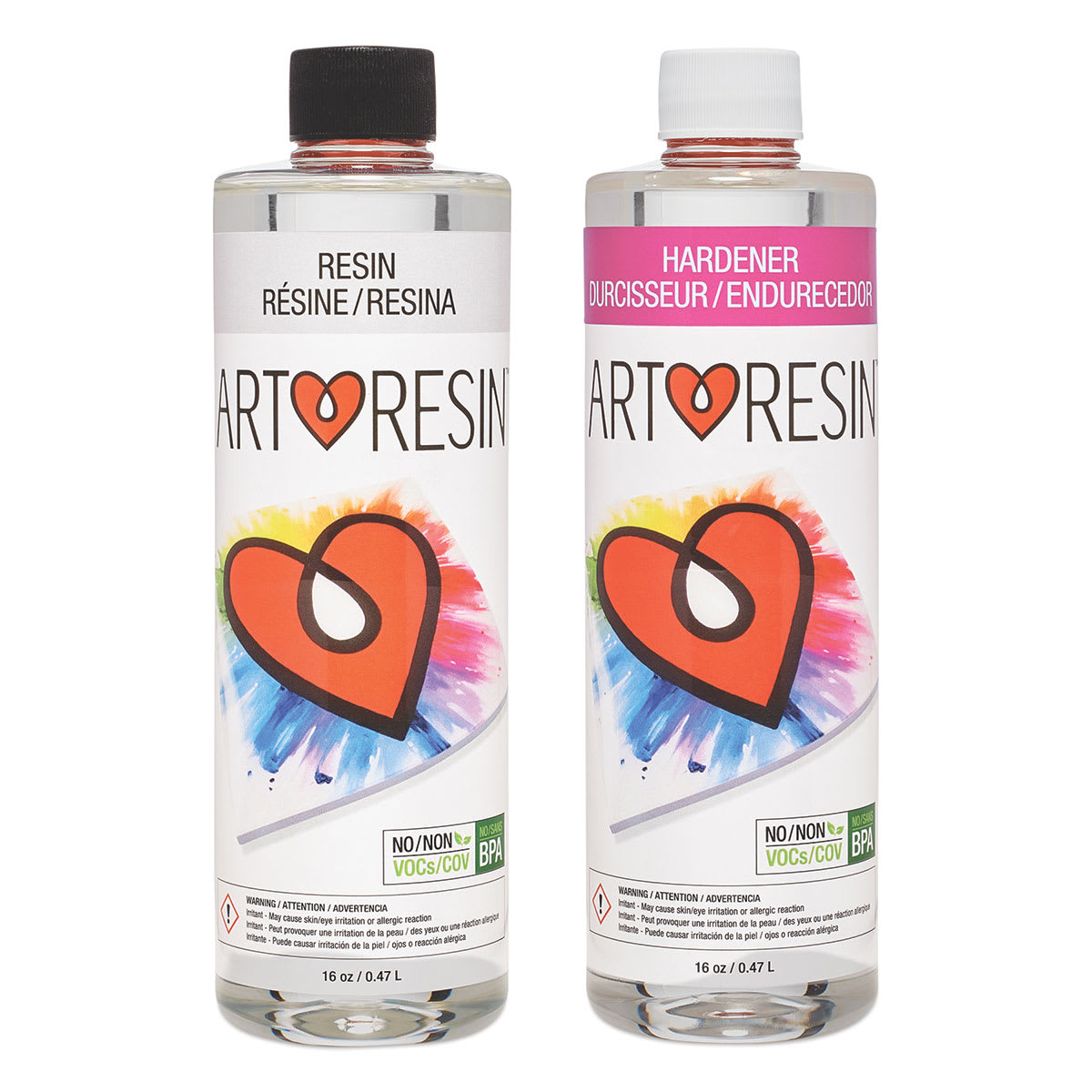 ArtResin Epoxy Resin Starter Kit. Fronts of 16 oz bottle of Resin and 16 oz bottle of Hardener. ArtResin Epoxy Resin Starter Kit. Fronts of 16 oz bottle of Resin and 16 oz bottle of Hardener.