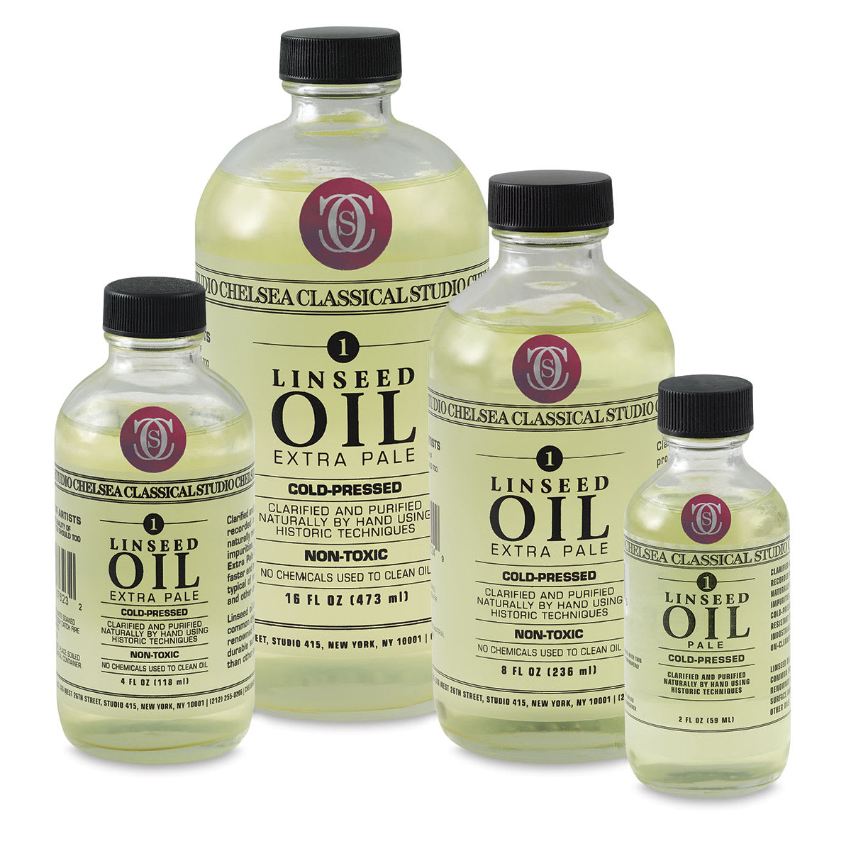 Chelsea Classical Studio Linseed Oil Medium - 4 available size bottles shown together